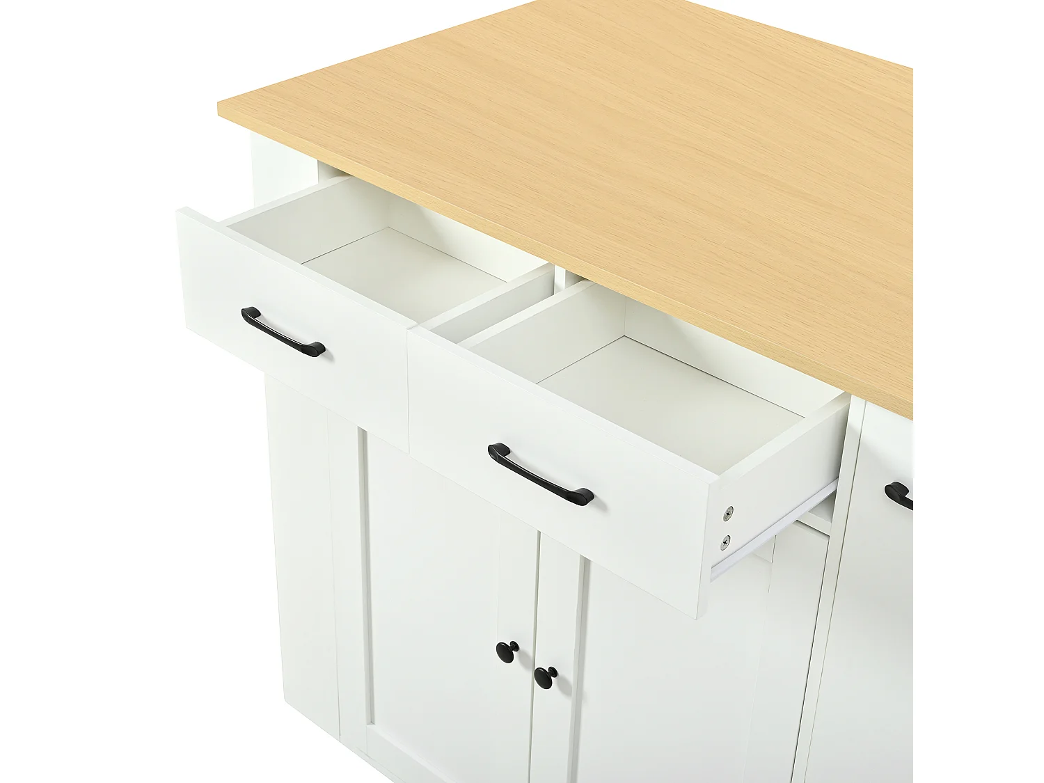 Îlot central de cuisine - table à manger pliante - avec prise électrique et deux chaises - avec 4 tiroirs et 2 portes - blanc