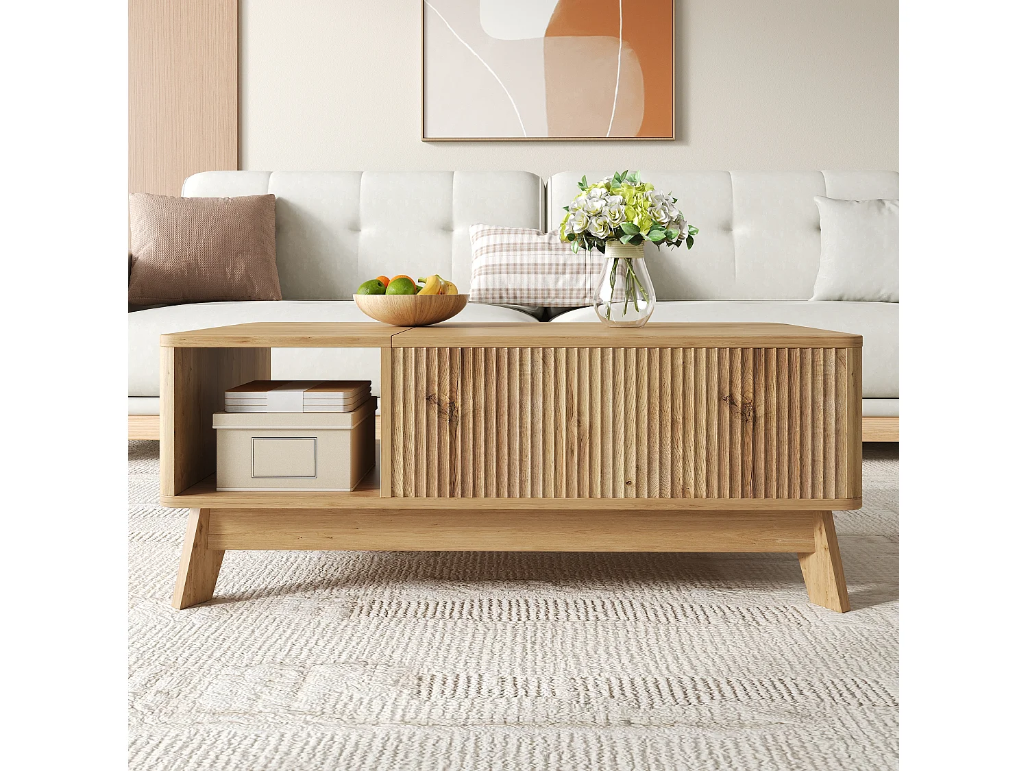 Höhenverstellbarer Beistelltisch 95x48x50 cm - Wellen-Design - Offene Seiten-Staufächer - MDF - Natur