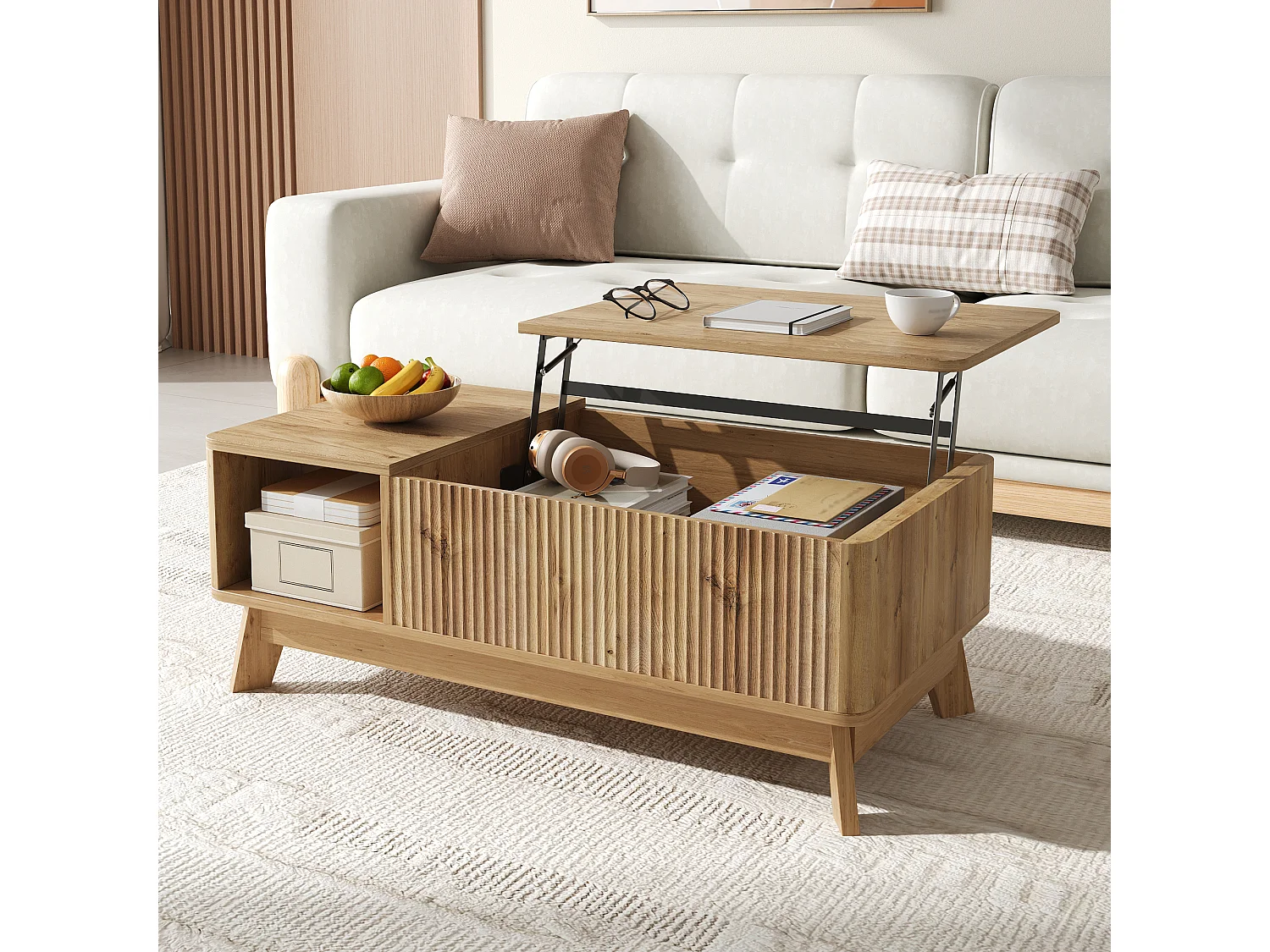 Höhenverstellbarer Beistelltisch 95x48x50 cm - Wellen-Design - Offene Seiten-Staufächer - MDF - Natur