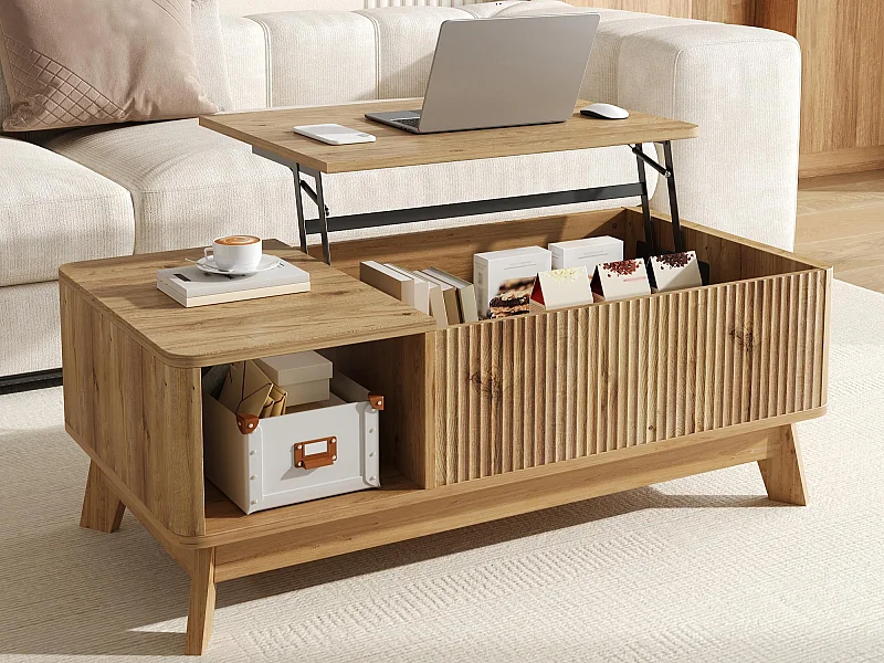 Mesa de centro ajustável 95x48x50 cm - Design ondulado - Compartimentos de armazenamento laterais abertos - MDF - Natural