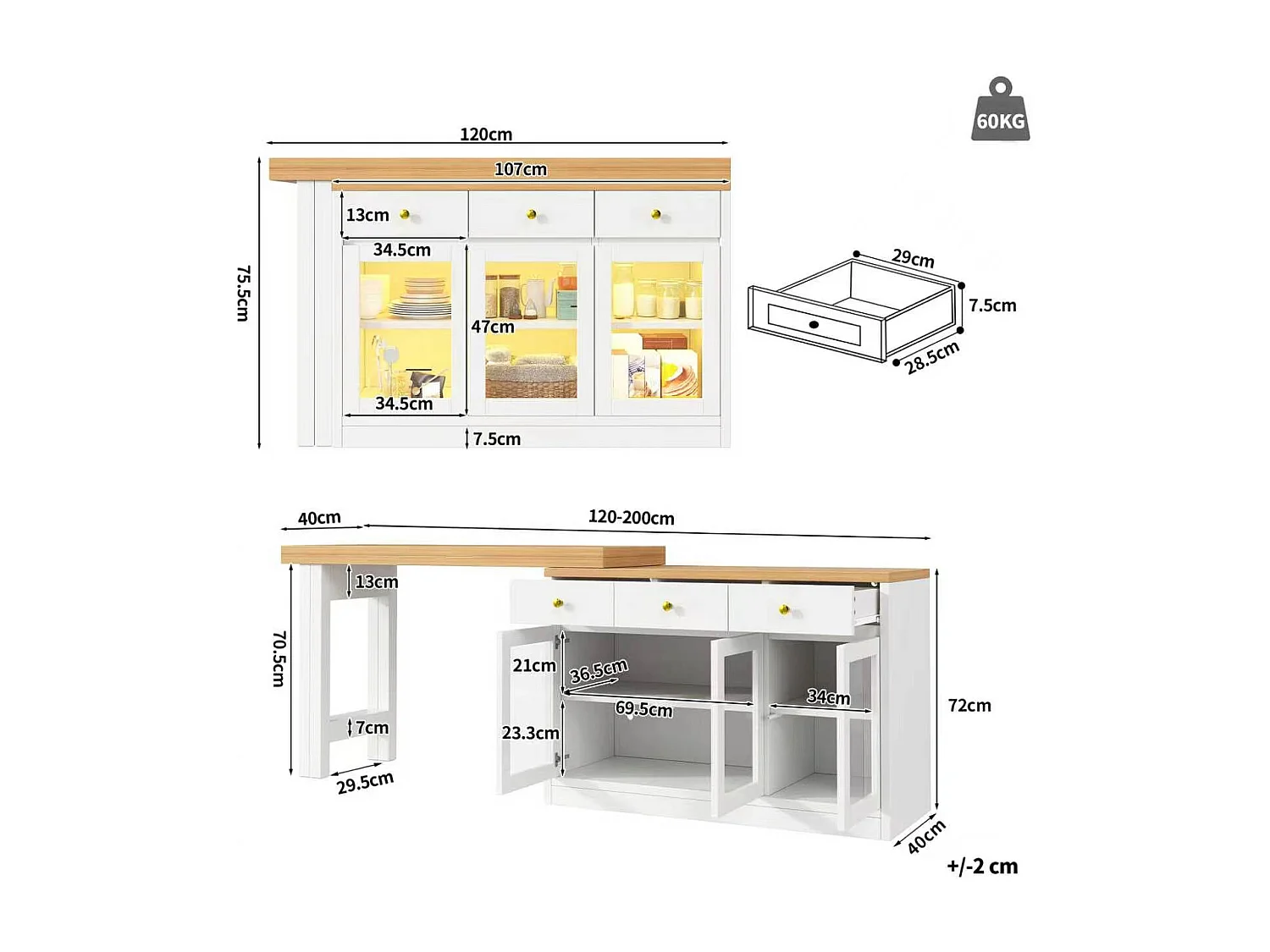 Îlot de cuisine extensible - 120-200 x 40 x 75 cm - avec Leds + tiroirs + portes vitrées - MDF - blanc