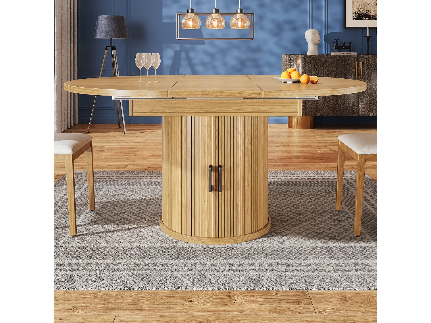 Table à manger extensible - MDF - Table ronde - 118-158 cm - 6 personnes - 1 porte - 2 étagères - Naturel clair