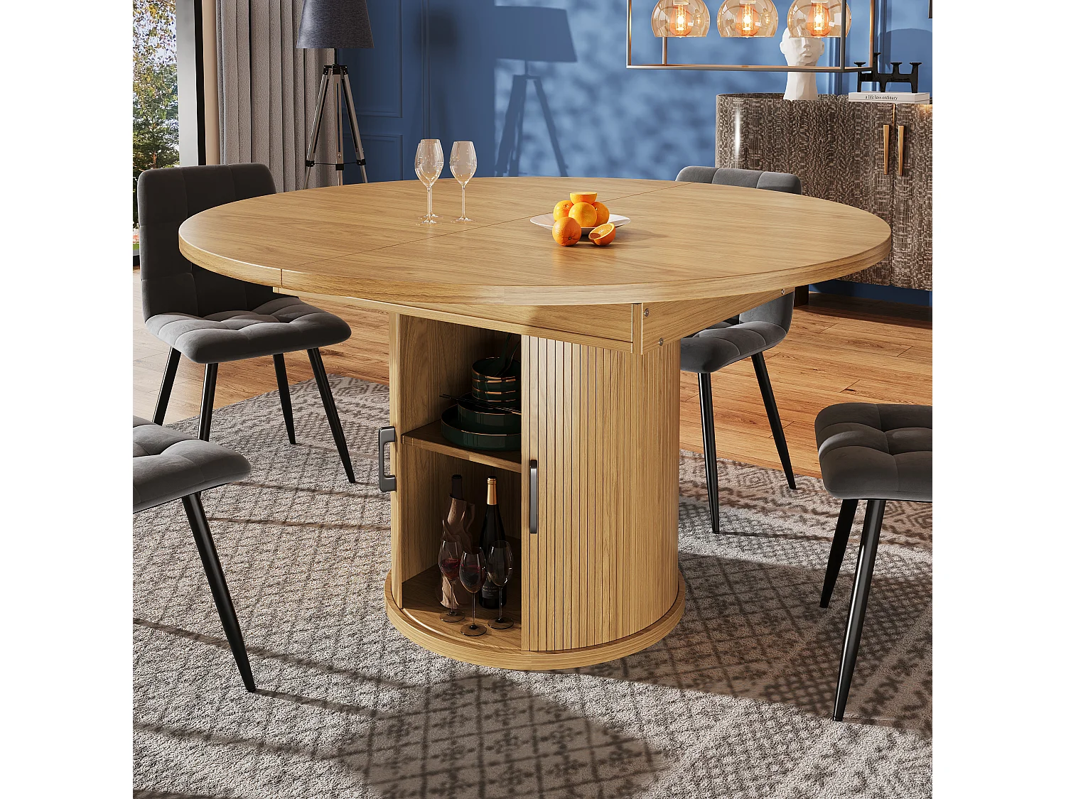 Table à manger extensible - MDF - Table ronde - 118-158 cm - 6 personnes - 1 porte - 2 étagères - Naturel clair