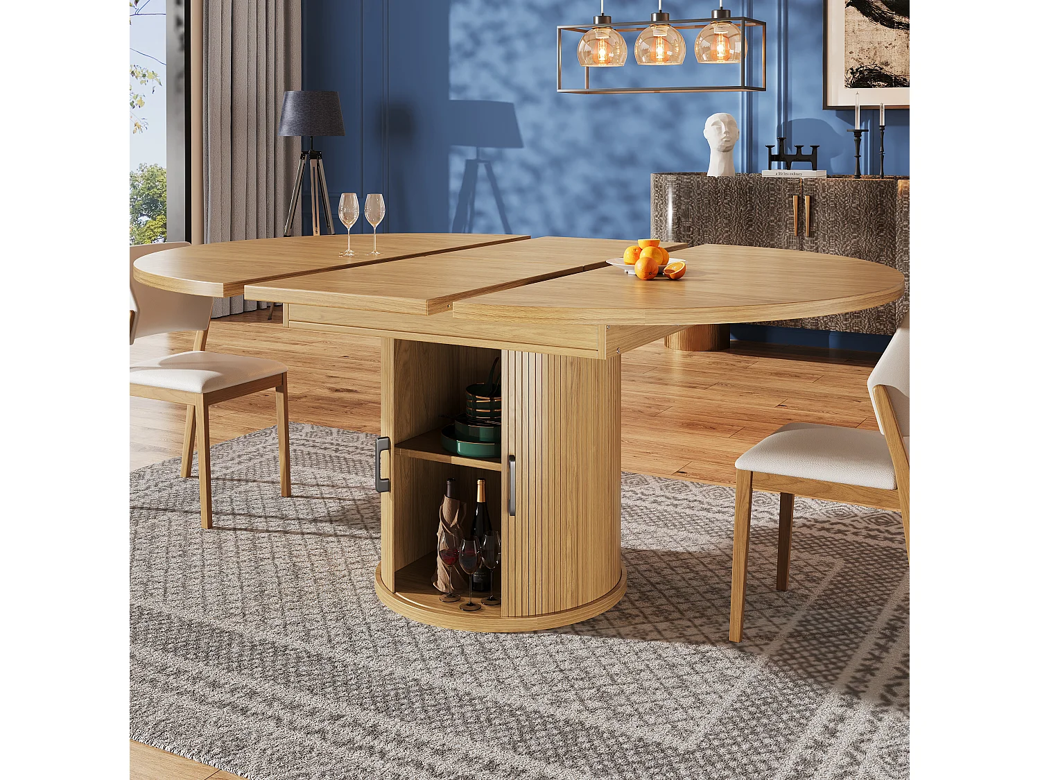 Table à manger extensible - MDF - Table ronde - 118-158 cm - 6 personnes - 1 porte - 2 étagères - Naturel clair