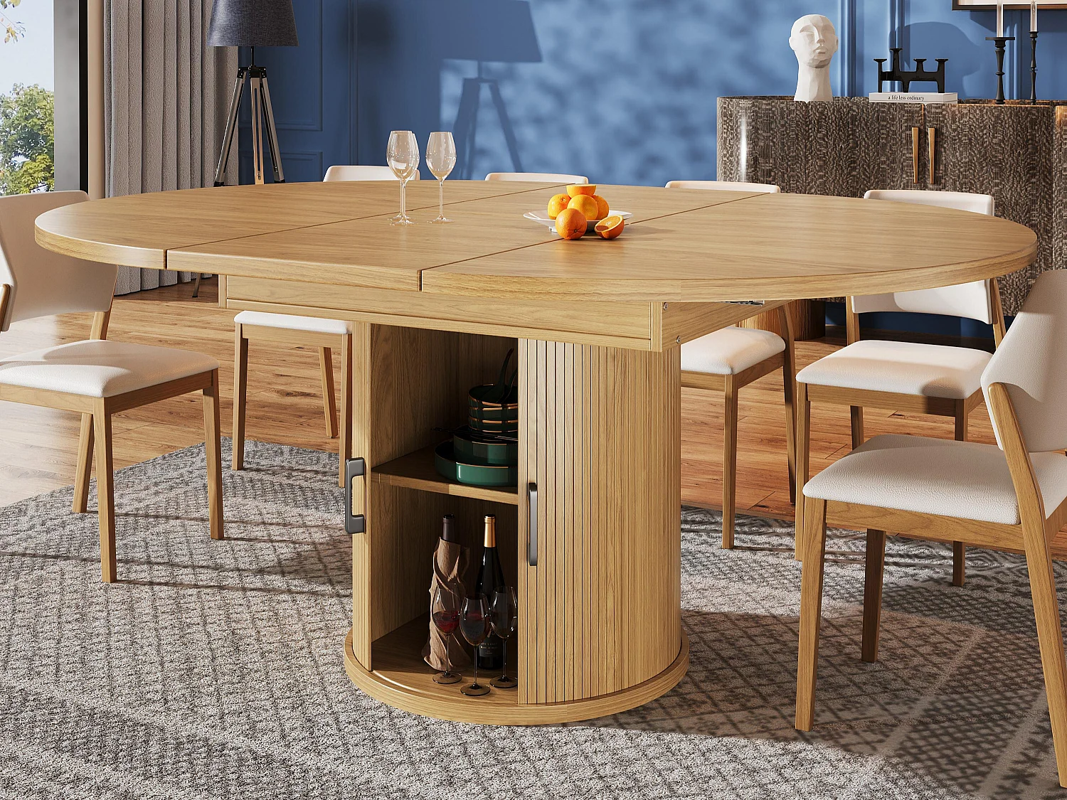Table à manger extensible - MDF - Table ronde - 118-158 cm - 6 personnes - 1 porte - 2 étagères - Naturel clair