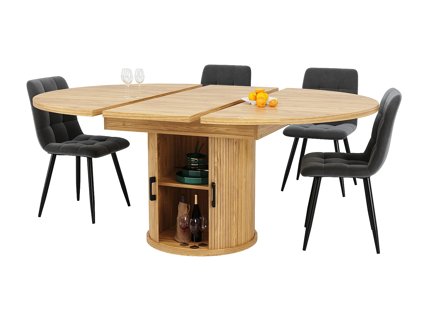 Table à manger extensible - MDF - Table ronde - 118-158 cm - 6 personnes - 1 porte - 2 étagères - Naturel clair