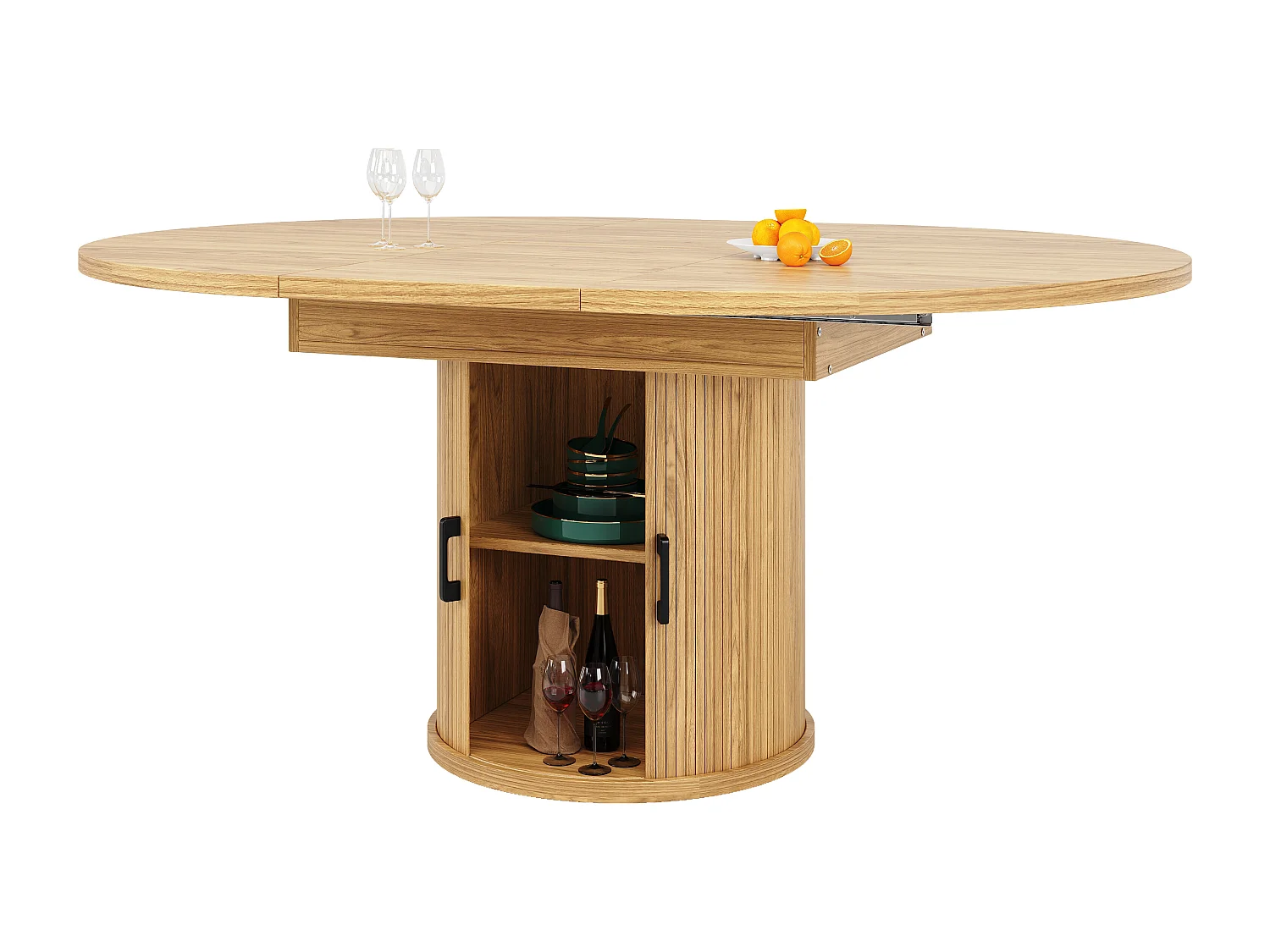 Table à manger extensible - MDF - Table ronde - 118-158 cm - 6 personnes - 1 porte - 2 étagères - Naturel clair