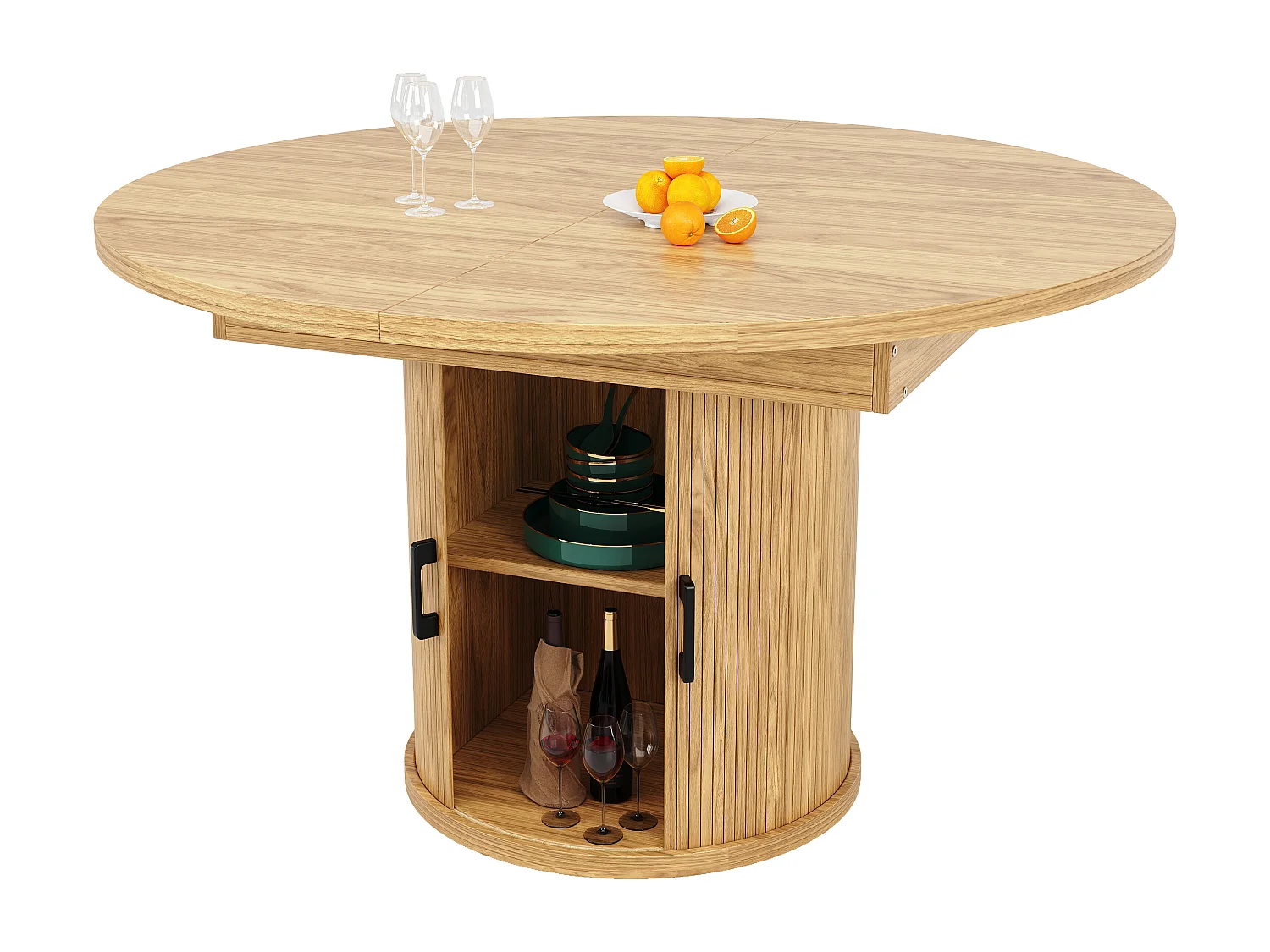 Table à manger extensible - MDF - Table ronde - 118-158 cm - 6 personnes - 1 porte - 2 étagères - Naturel clair