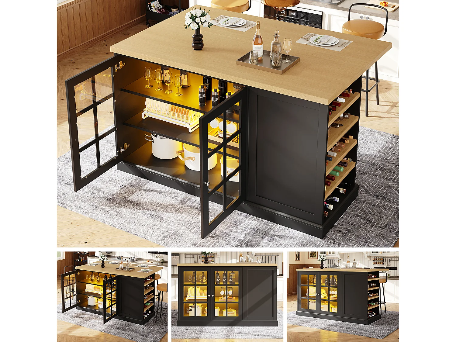 Îlot de cuisine pliable - 120 x 40-70 x 90 cm - avec Leds + casier à vin + étagère de rangement + 2 portes - MDF - noir
