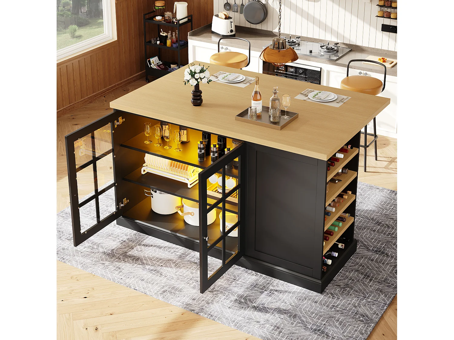 Îlot de cuisine pliable - 120 x 40-70 x 90 cm - avec Leds + casier à vin + étagère de rangement + 2 portes - MDF - noir