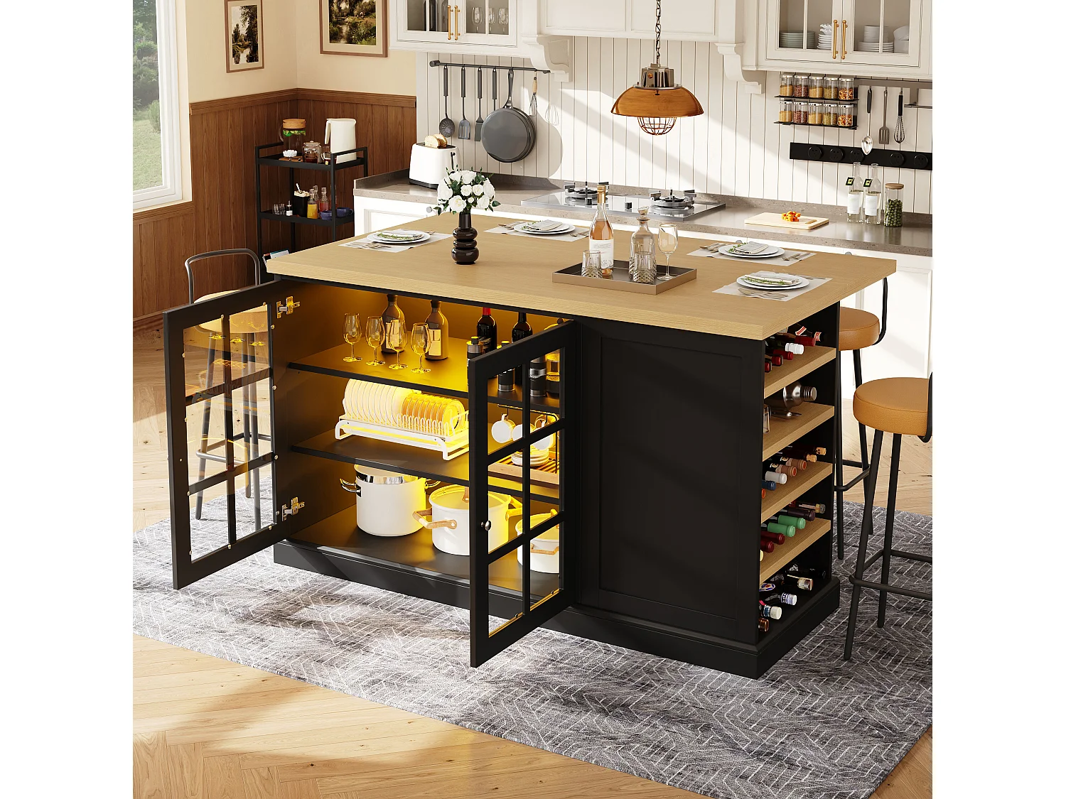 Îlot de cuisine pliable - 120 x 40-70 x 90 cm - avec Leds + casier à vin + étagère de rangement + 2 portes - MDF - noir