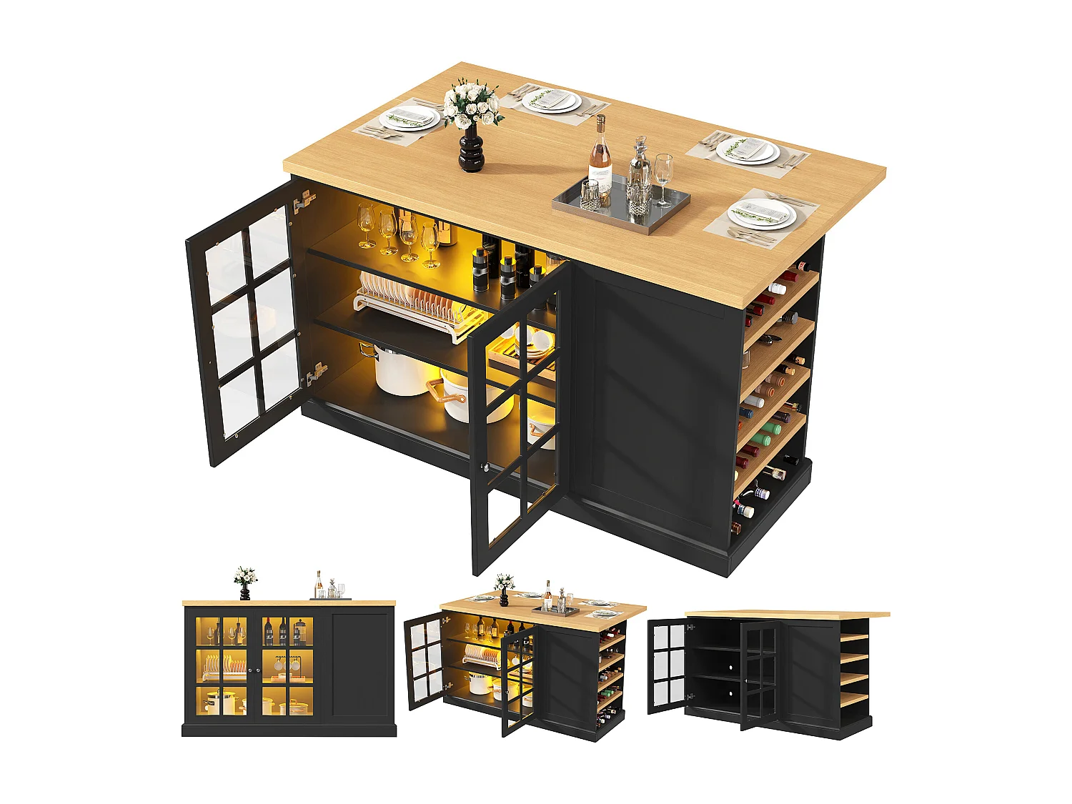 Îlot de cuisine pliable - 120 x 40-70 x 90 cm - avec Leds + casier à vin + étagère de rangement + 2 portes - MDF - noir