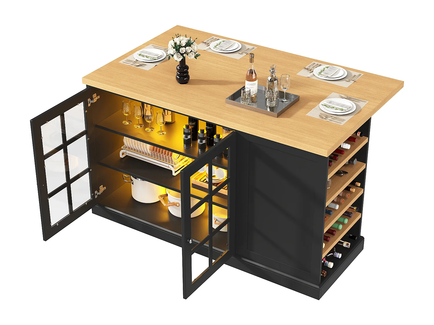 Îlot de cuisine pliable - 120 x 40-70 x 90 cm - avec Leds + casier à vin + étagère de rangement + 2 portes - MDF - noir
