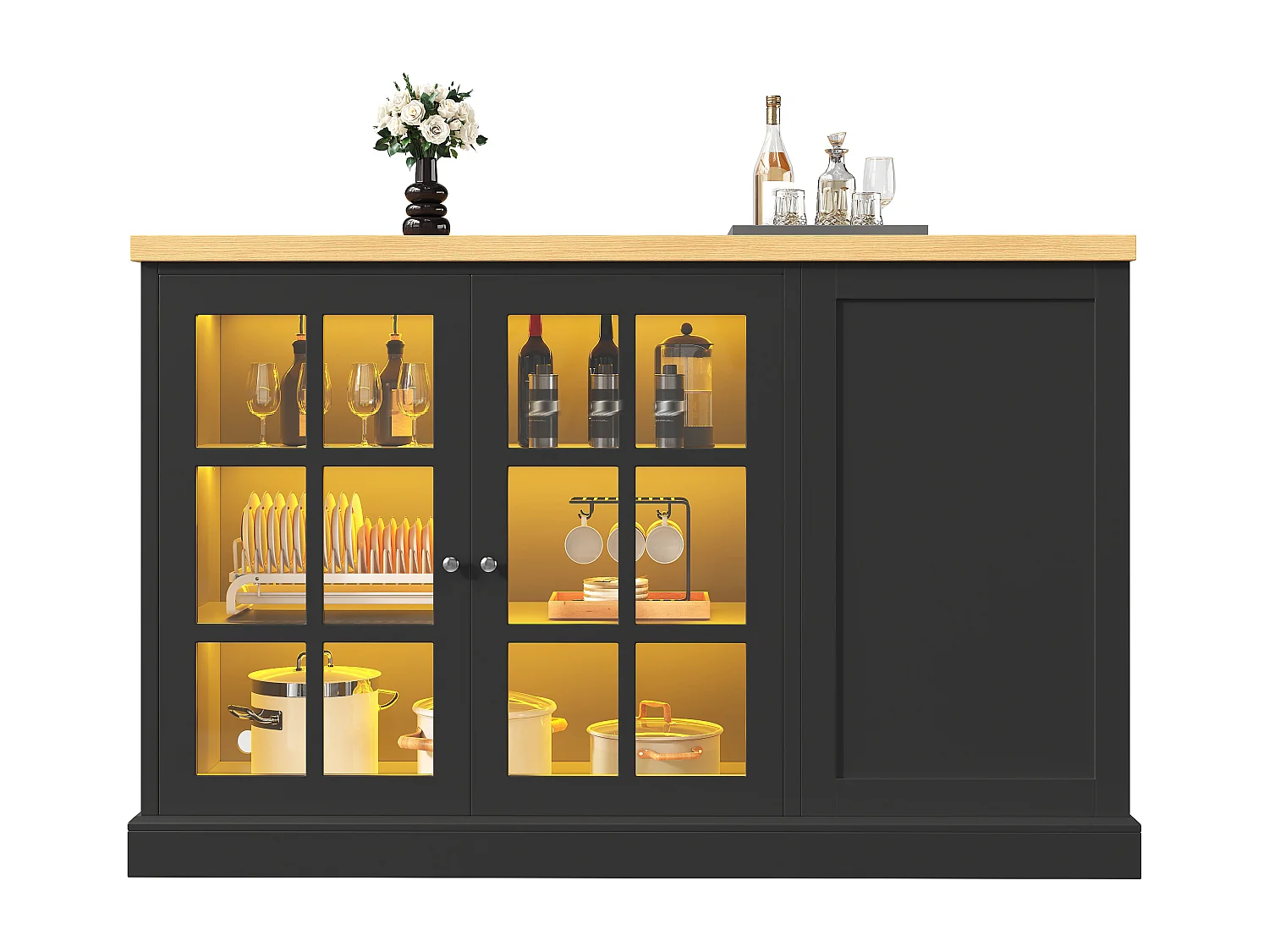 Îlot de cuisine pliable - 120 x 40-70 x 90 cm - avec Leds + casier à vin + étagère de rangement + 2 portes - MDF - noir