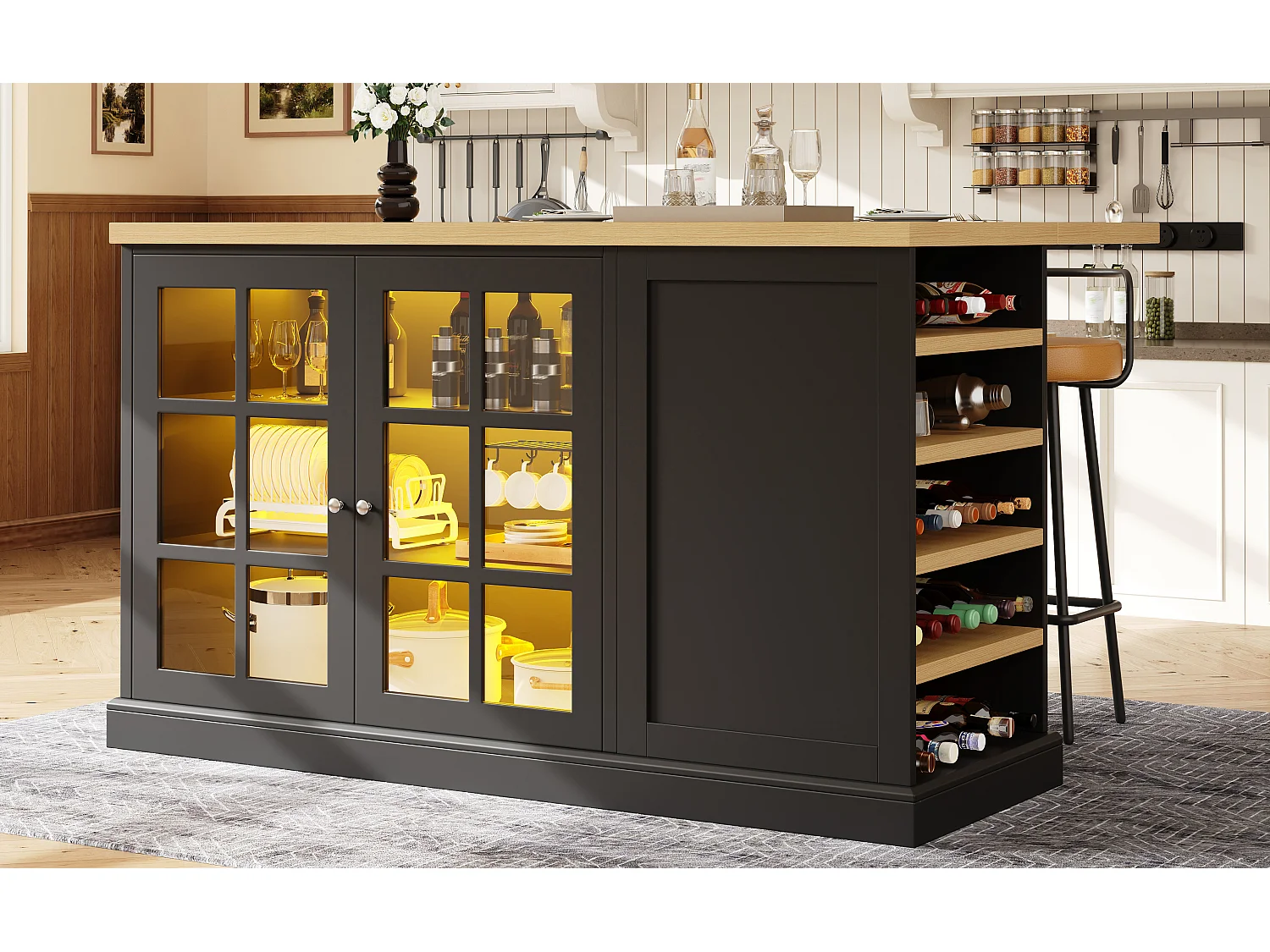 Îlot de cuisine pliable - 120 x 40-70 x 90 cm - avec Leds + casier à vin + étagère de rangement + 2 portes - MDF - noir