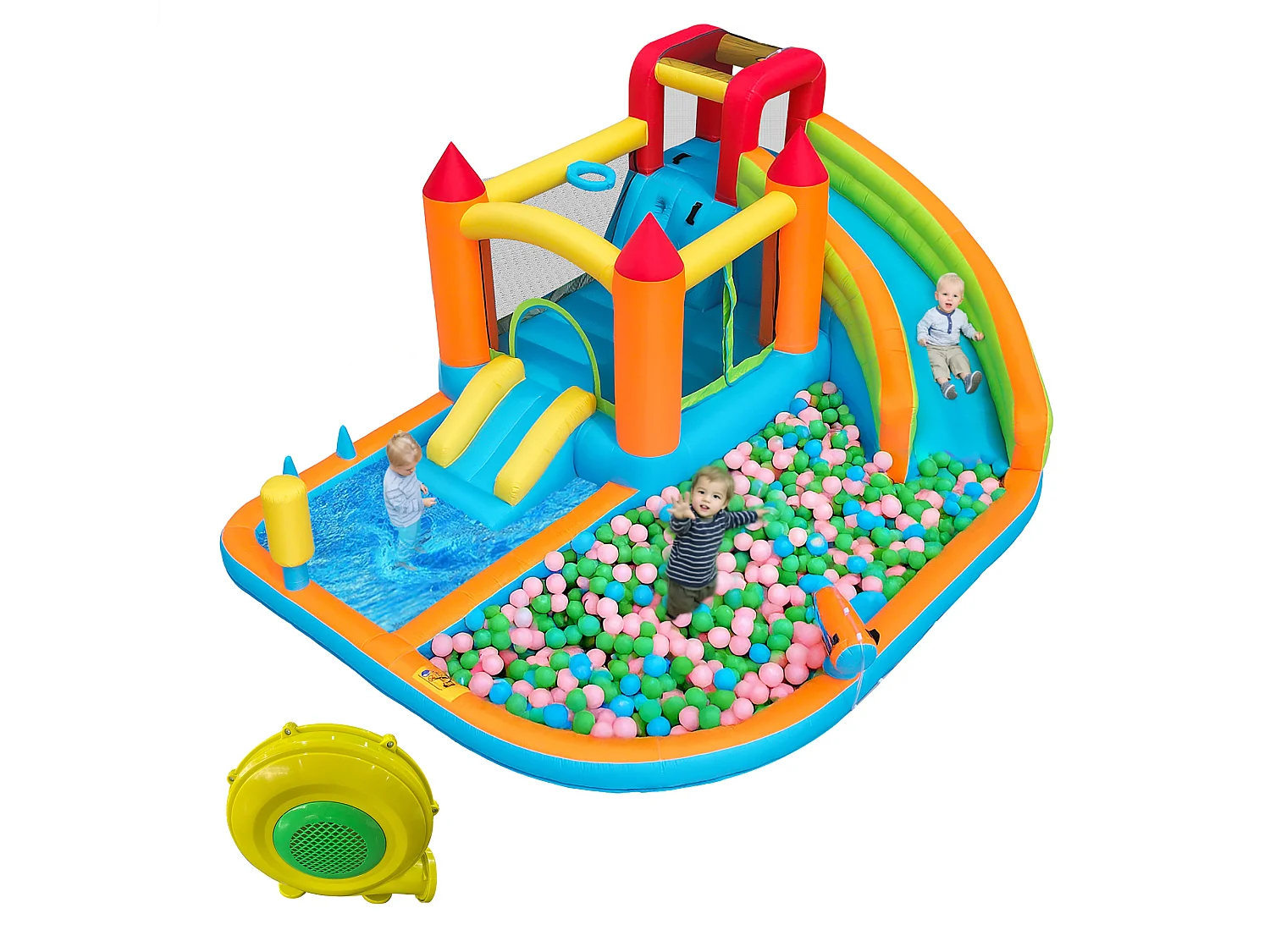 Château gonflable pour enfants 10-en-1 : Aire de Jeux avec Double Toboggan, Trampoline, Mur d'Escalade et Basket - Souffleur 450W - 4 Enfants - Multicolore