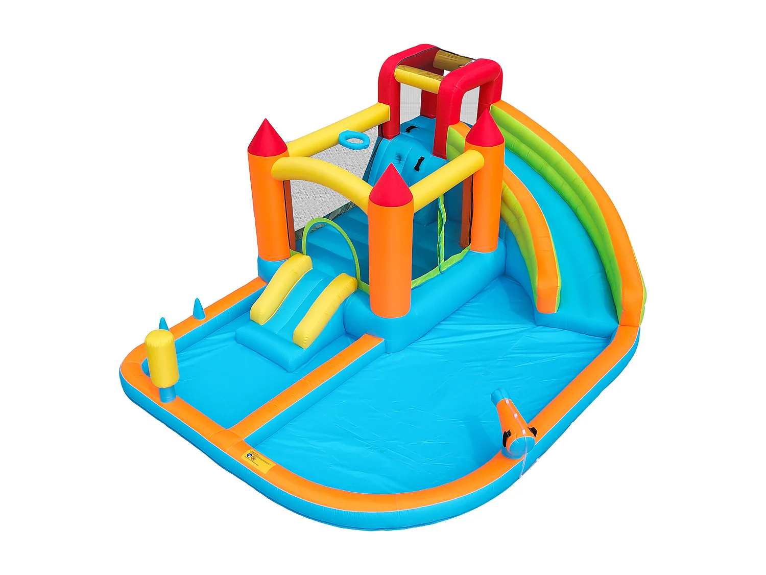 Château gonflable pour enfants 10-en-1 : Aire de Jeux avec Double Toboggan, Trampoline, Mur d'Escalade et Basket - Souffleur 450W - 4 Enfants - Multicolore