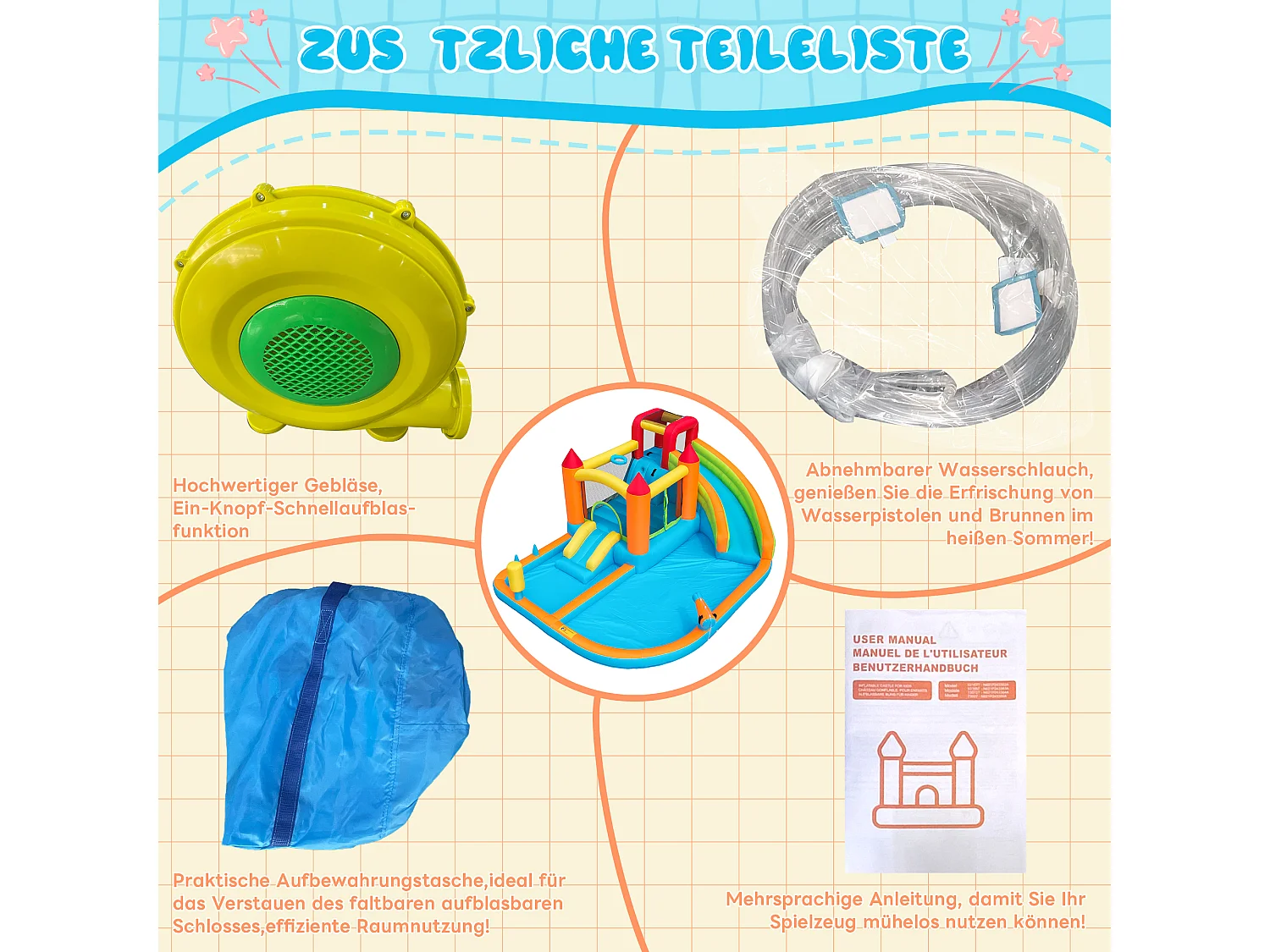 Château gonflable pour enfants 10-en-1 : Aire de Jeux avec Double Toboggan, Trampoline, Mur d'Escalade et Basket - Souffleur 450W - 4 Enfants - Multicolore