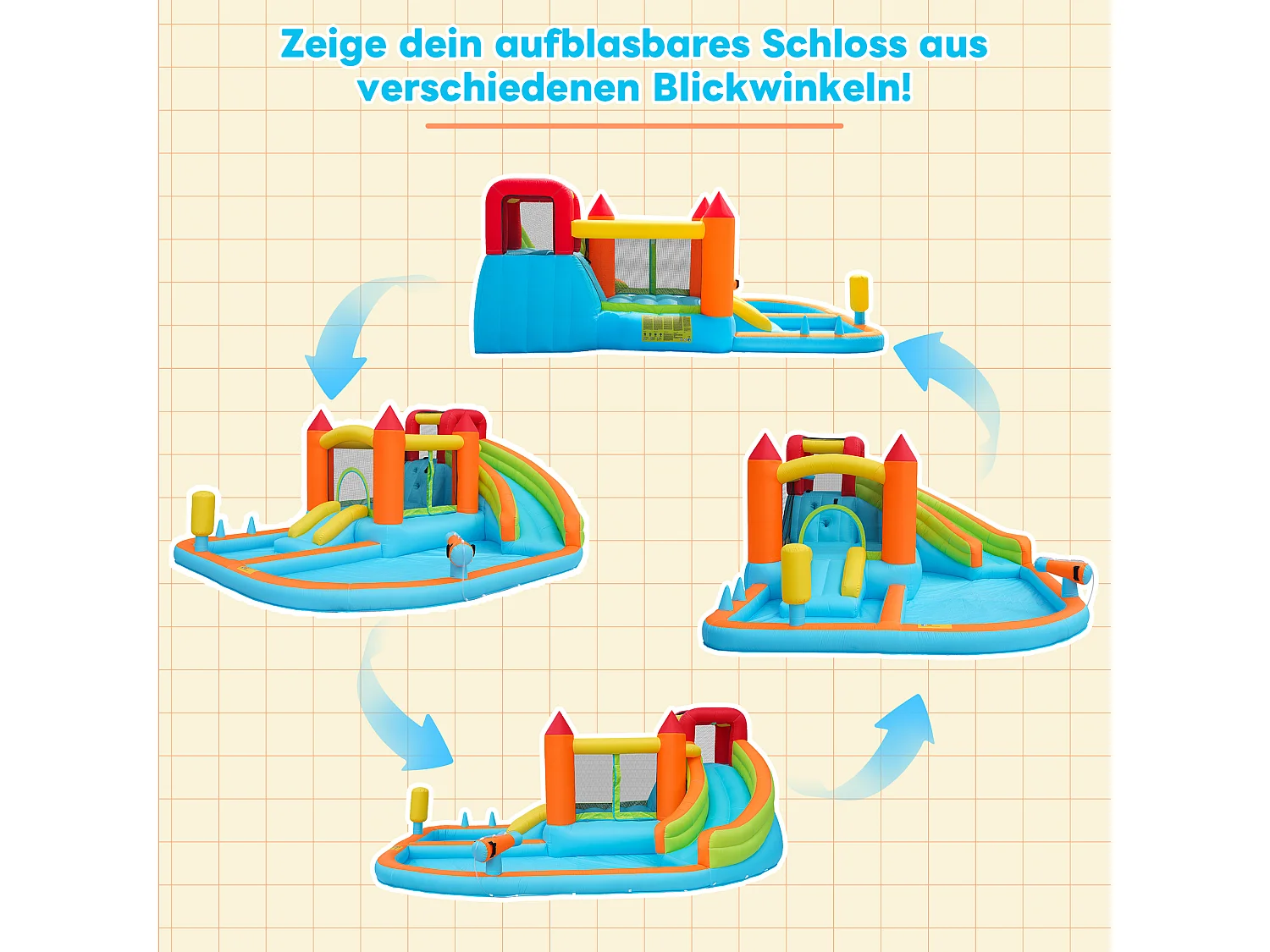 Château gonflable pour enfants 10-en-1 : Aire de Jeux avec Double Toboggan, Trampoline, Mur d'Escalade et Basket - Souffleur 450W - 4 Enfants - Multicolore