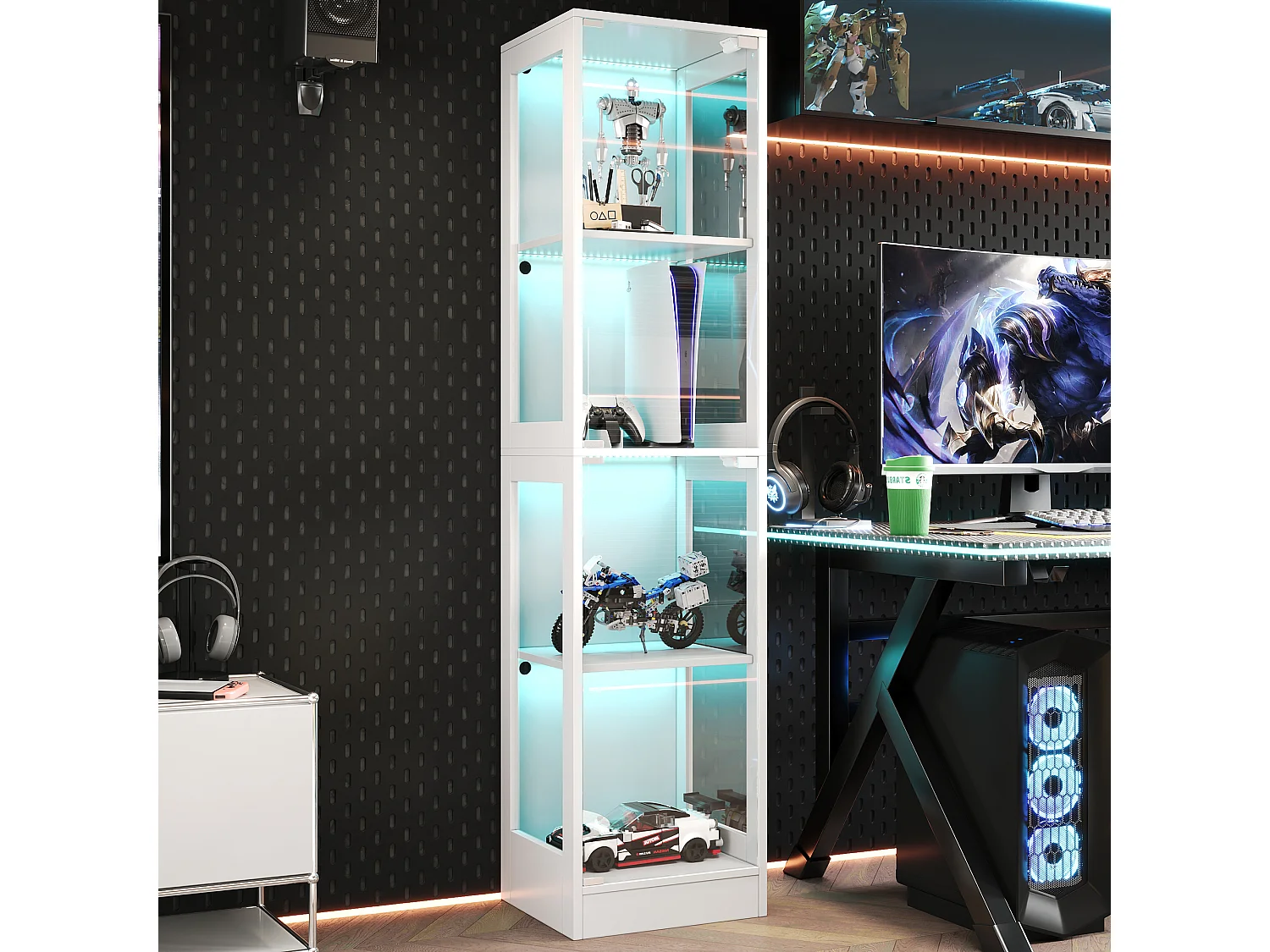 Glasvitrine 40x35x170cm - Vier Ebenen Stauraum - App-gesteuerte LED-Beleuchtung - 2 Türen - MDF - Weiß