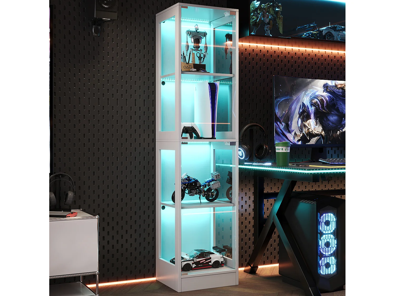 Glasvitrine 40x35x170cm - Vier Ebenen Stauraum - App-gesteuerte LED-Beleuchtung - 2 Türen - MDF - Weiß