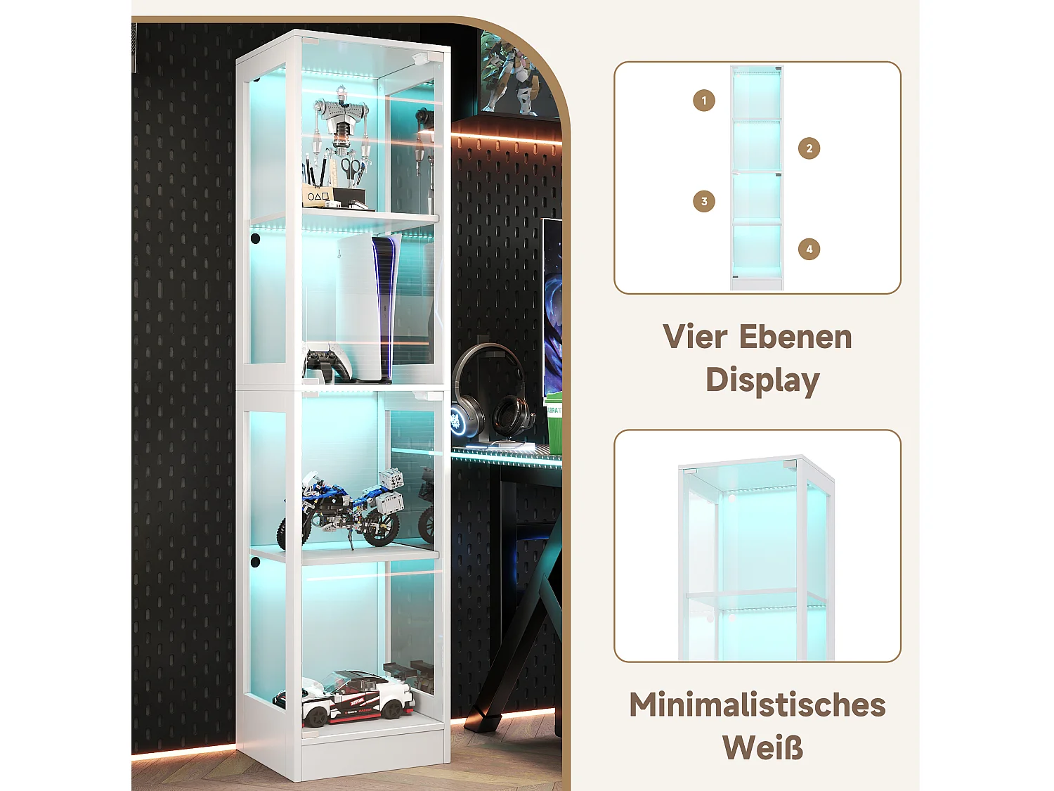 Glasvitrine 40x35x170cm - Vier Ebenen Stauraum - App-gesteuerte LED-Beleuchtung - 2 Türen - MDF - Weiß