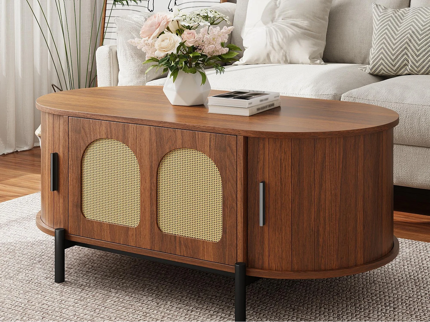 Ovaler Beistelltisch aus Rattan 100x50x40 cm - 2 Schiebetüren und 1 Klapptür - Holzoptik - Metallfüße - MDF - Braun