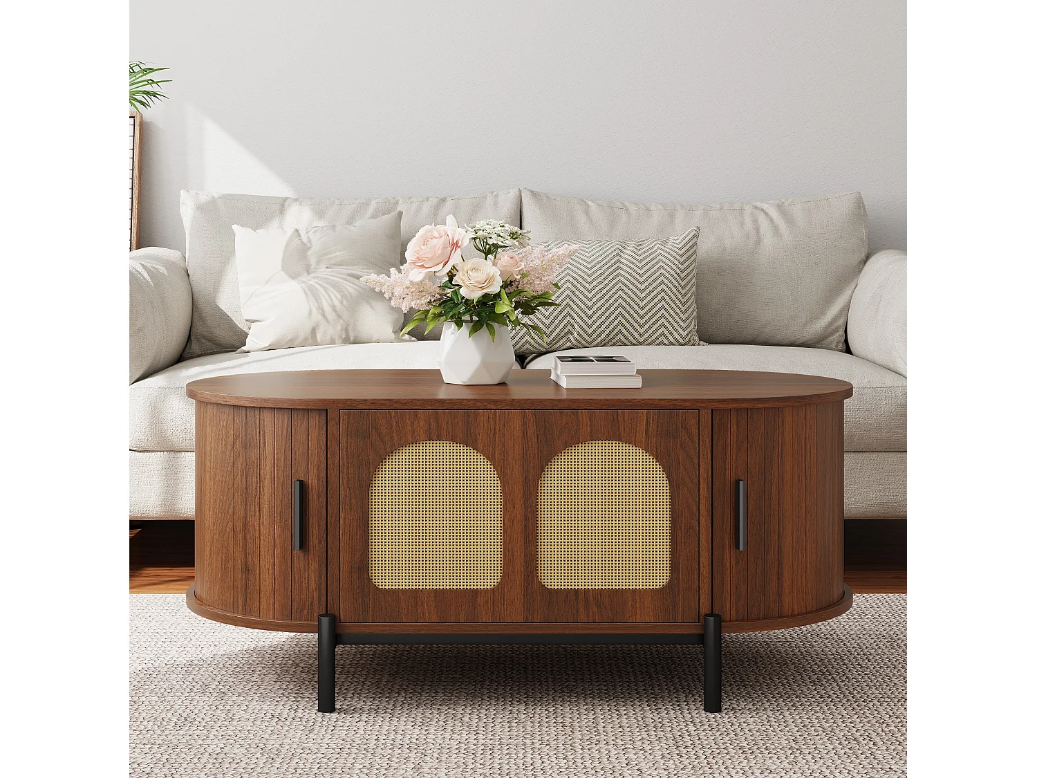 Ovaler Beistelltisch aus Rattan 100x50x40 cm - 2 Schiebetüren und 1 Klapptür - Holzoptik - Metallfüße - MDF - Braun