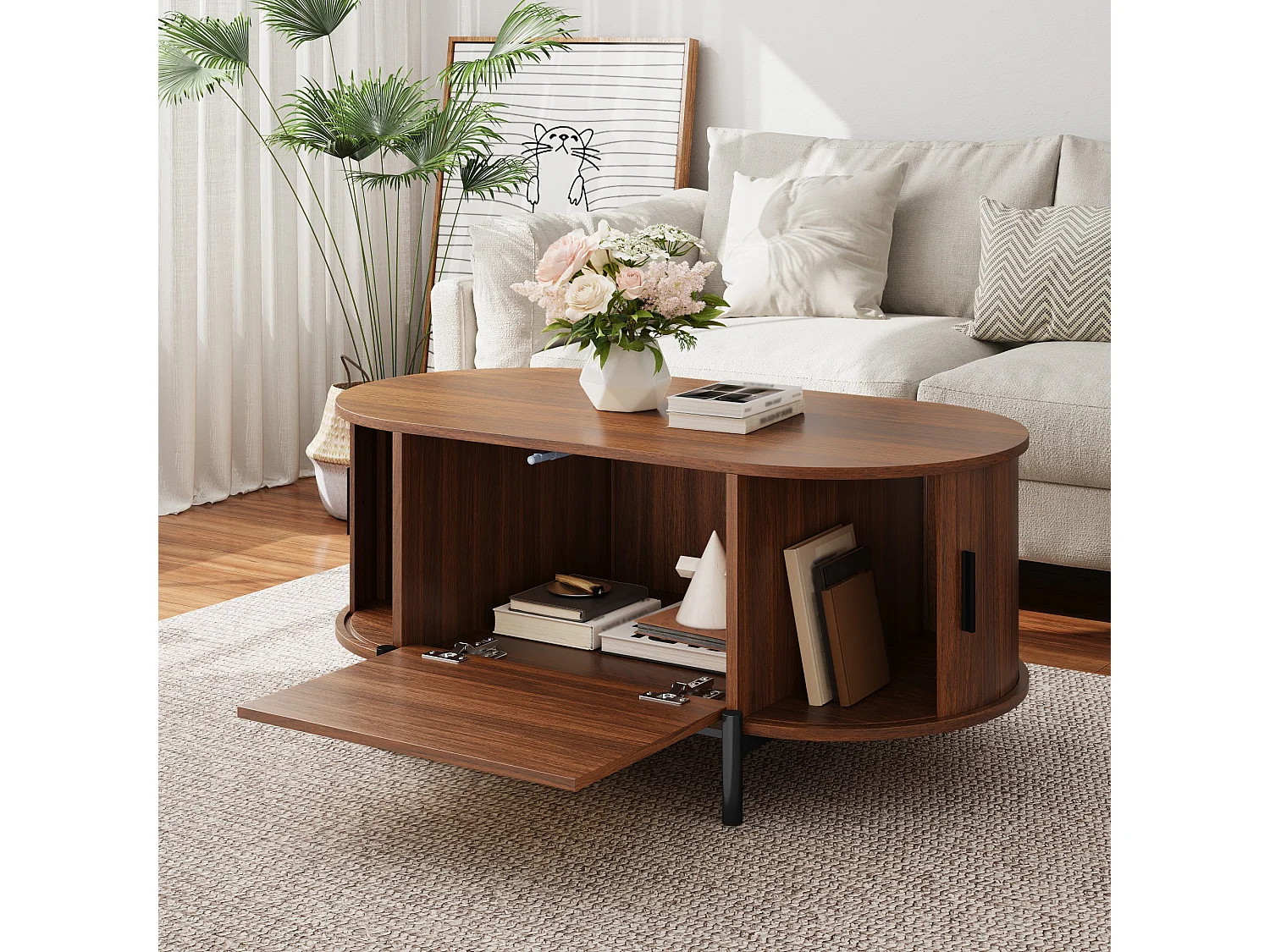 Ovaler Beistelltisch aus Rattan 100x50x40 cm - 2 Schiebetüren und 1 Klapptür - Holzoptik - Metallfüße - MDF - Braun