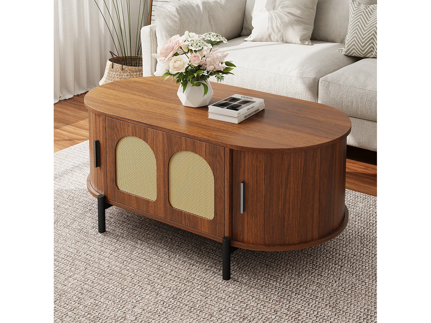 Ovaler Beistelltisch aus Rattan 100x50x40 cm - 2 Schiebetüren und 1 Klapptür - Holzoptik - Metallfüße - MDF - Braun