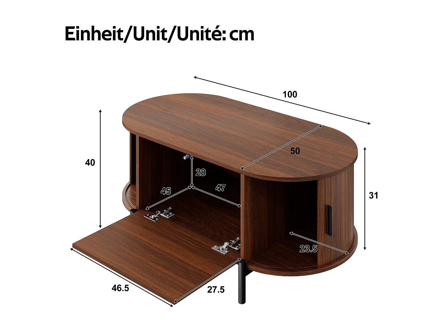 Ovaler Beistelltisch aus Rattan 100x50x40 cm - 2 Schiebetüren und 1 Klapptür - Holzoptik - Metallfüße - MDF - Braun