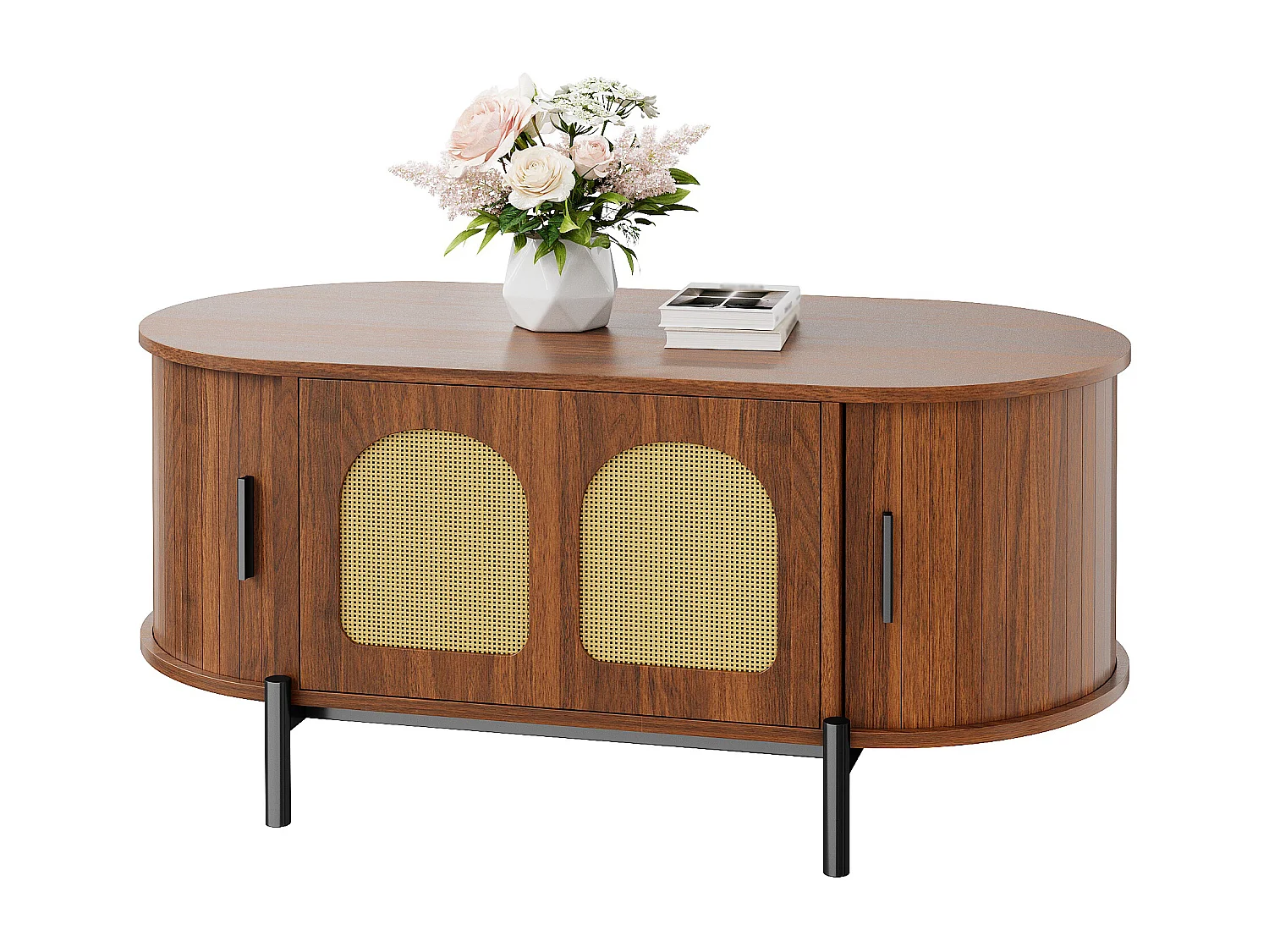 Ovaler Beistelltisch aus Rattan 100x50x40 cm - 2 Schiebetüren und 1 Klapptür - Holzoptik - Metallfüße - MDF - Braun