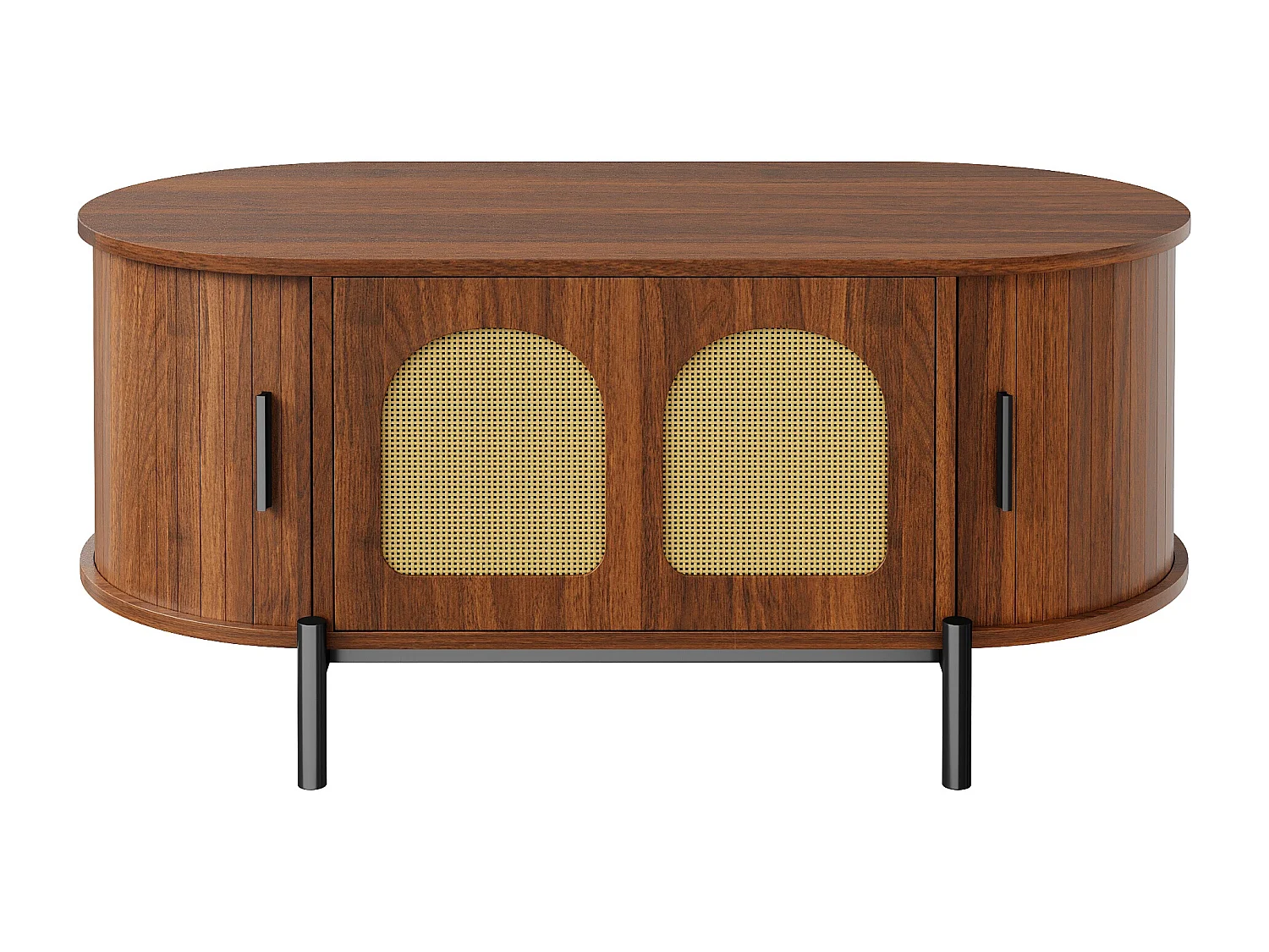 Ovaler Beistelltisch aus Rattan 100x50x40 cm - 2 Schiebetüren und 1 Klapptür - Holzoptik - Metallfüße - MDF - Braun