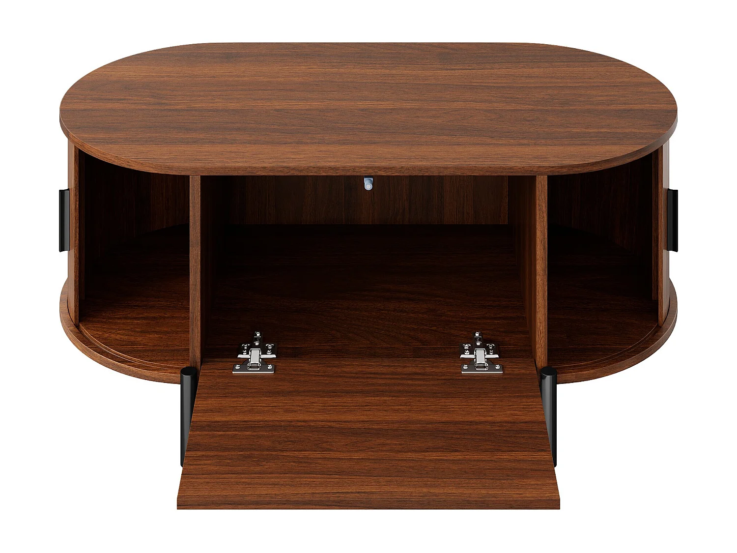 Ovaler Beistelltisch aus Rattan 100x50x40 cm - 2 Schiebetüren und 1 Klapptür - Holzoptik - Metallfüße - MDF - Braun