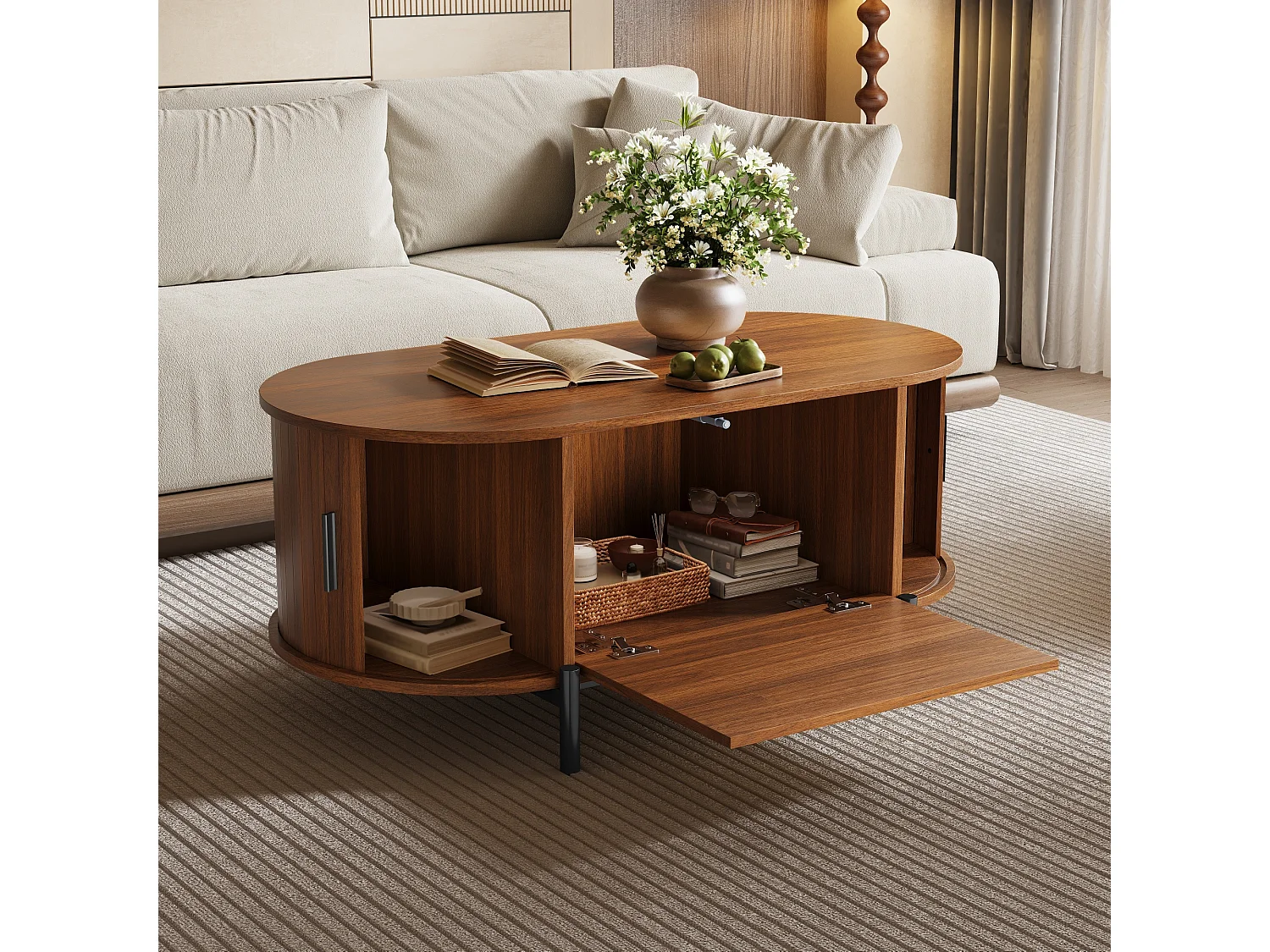 Ovaler Beistelltisch aus Rattan 100x50x40 cm - 2 Schiebetüren und 1 Klapptür - Holzoptik - Metallfüße - MDF - Braun