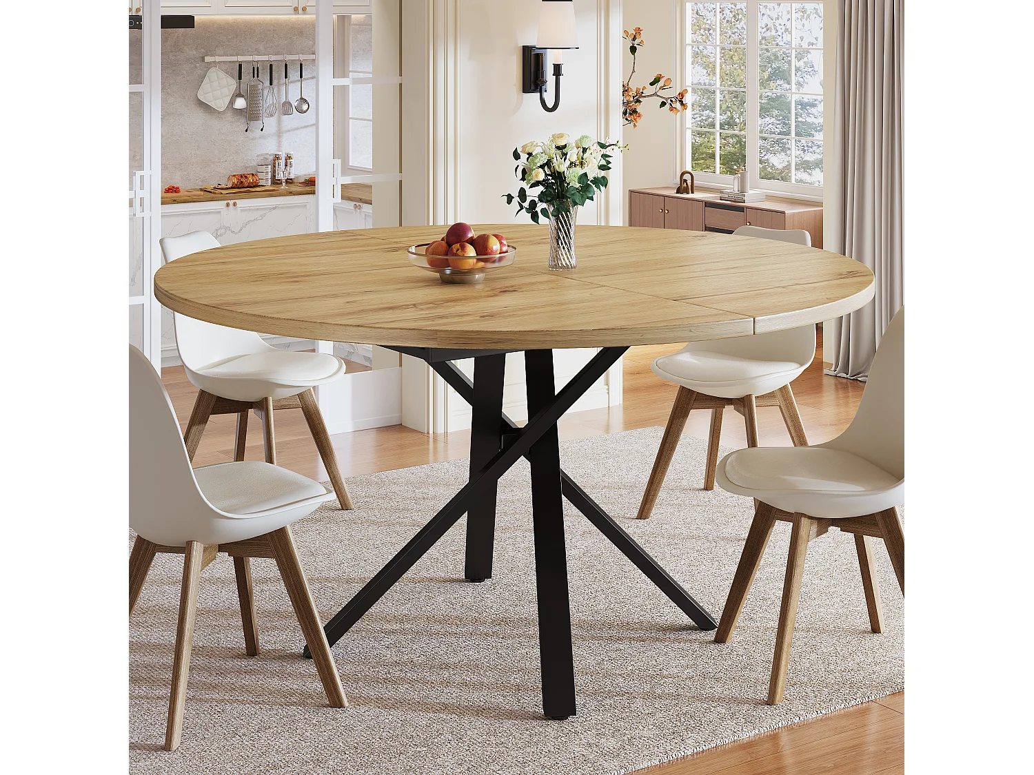 Table de salle à manger extensible - 100-140 x 100 x 75.5 cm - structure métallique stable en X - aspect bois - naturel