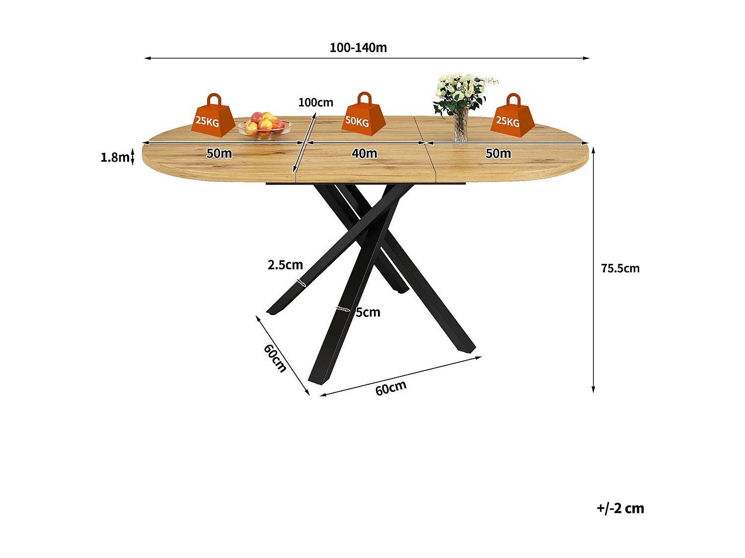 Table de salle à manger extensible - 100-140 x 100 x 75.5 cm - structure métallique stable en X - aspect bois - naturel
