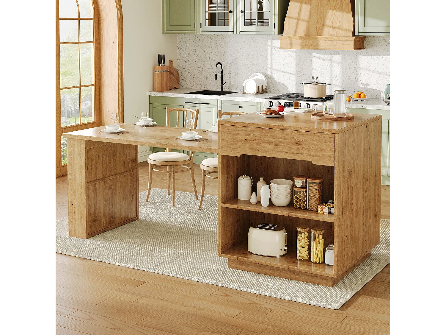 Îlot central de cuisine - table à manger extensible - avec lumières LED - avec porte vitrée - extérieur en chêne - Naturel