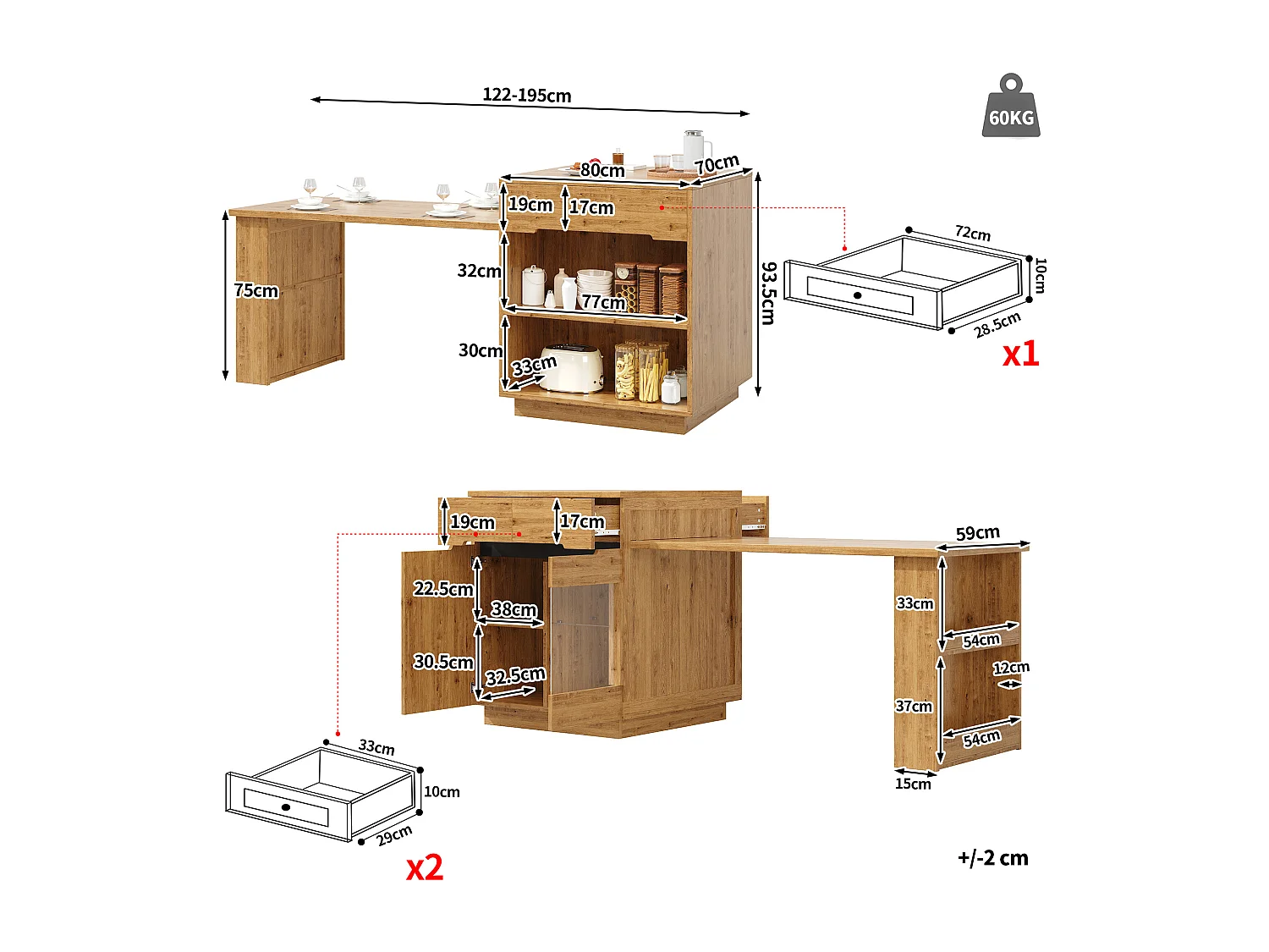 Îlot central de cuisine - table à manger extensible - avec lumières LED - avec porte vitrée - extérieur en chêne - Naturel