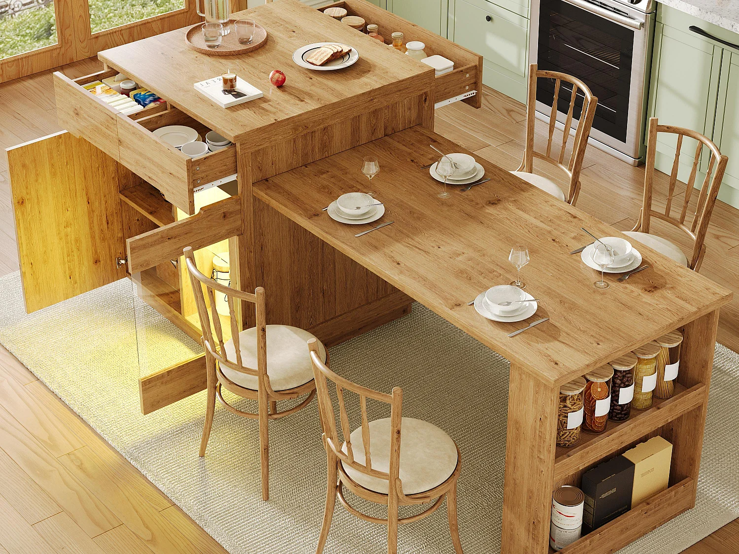 Îlot central de cuisine - table à manger extensible - avec lumières LED - avec porte vitrée - extérieur en chêne - Naturel