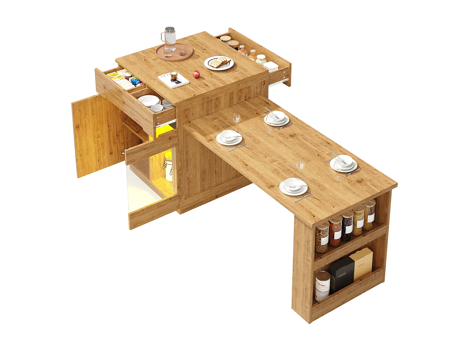 Îlot central de cuisine - table à manger extensible - avec lumières LED - avec porte vitrée - extérieur en chêne - Naturel