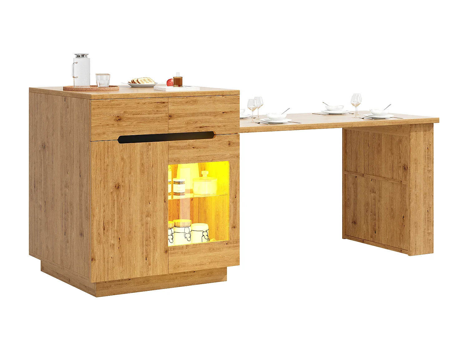 Îlot central de cuisine - table à manger extensible - avec lumières LED - avec porte vitrée - extérieur en chêne - Naturel