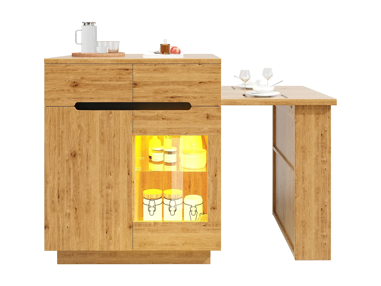 Îlot central de cuisine - table à manger extensible - avec lumières LED - avec porte vitrée - extérieur en chêne - Naturel