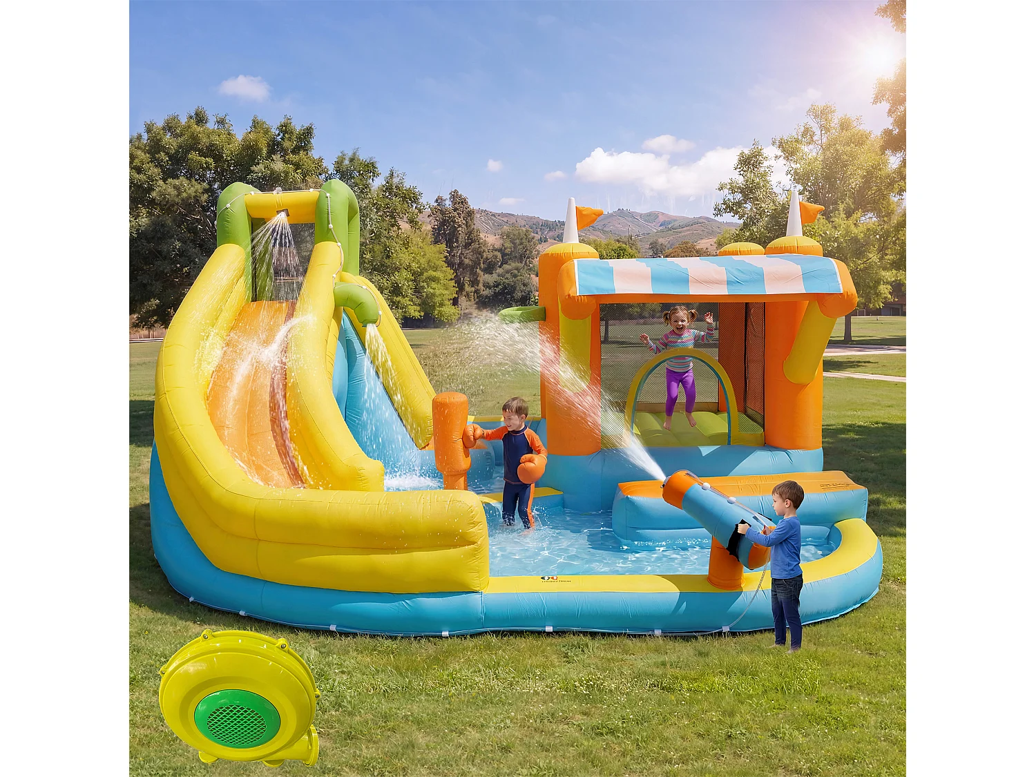 Château gonflable pour enfants 8-en-1 : Aire de Jeux avec Toboggan, Trampoline Ombragé, Ring de Boxe et Basket - Souffleur 450W - 433x375x165cm