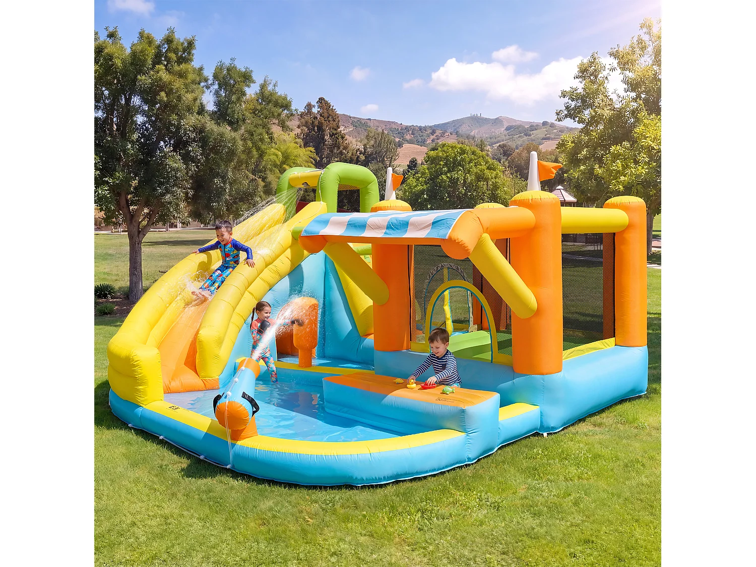 Château gonflable pour enfants 8-en-1 : Aire de Jeux avec Toboggan, Trampoline Ombragé, Ring de Boxe et Basket - Souffleur 450W - 433x375x165cm