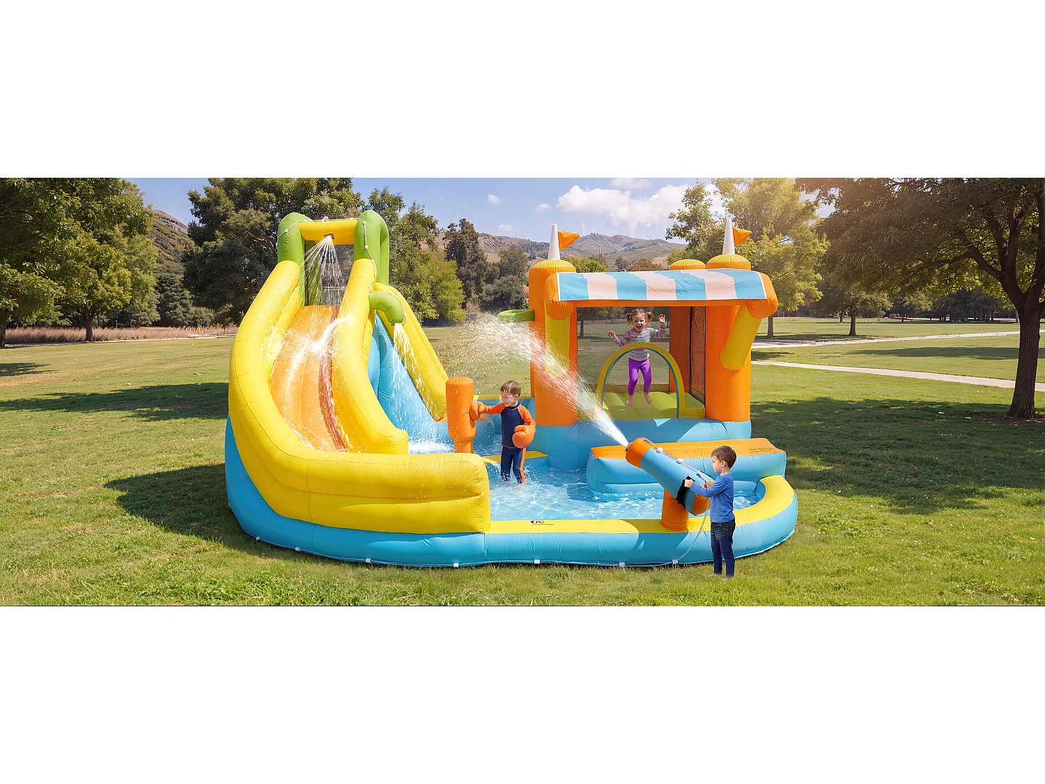 Château gonflable pour enfants 8-en-1 : Aire de Jeux avec Toboggan, Trampoline Ombragé, Ring de Boxe et Basket - Souffleur 450W - 433x375x165cm