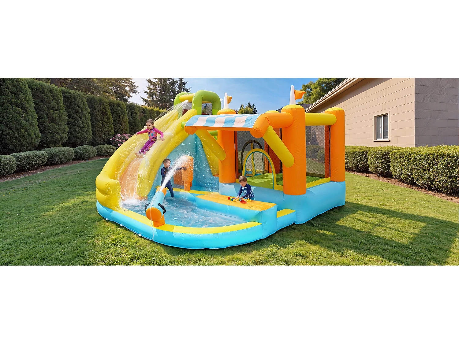 Château gonflable pour enfants 8-en-1 : Aire de Jeux avec Toboggan, Trampoline Ombragé, Ring de Boxe et Basket - Souffleur 450W - 433x375x165cm