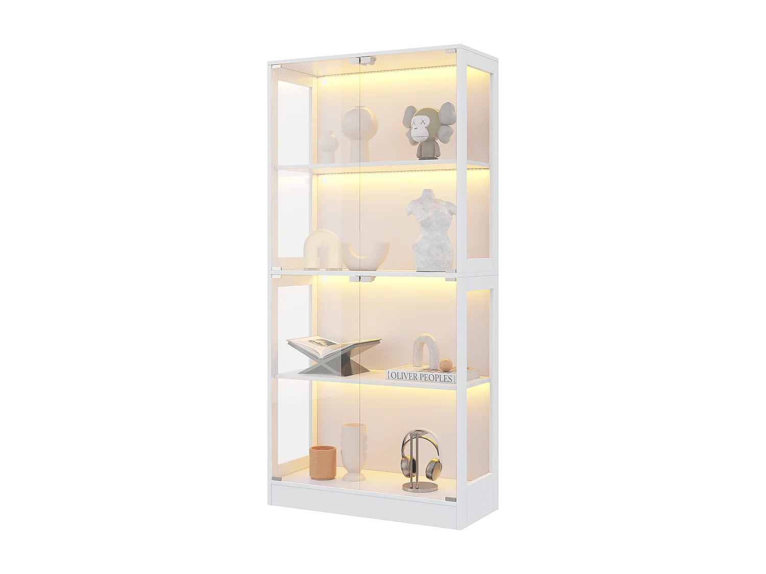 Moderne Glasvitrine – 80 x 35 x 170 cm – mit 4 Ablageflächen, LED-Beleuchtung und Türen – MDF und Glas – weiß