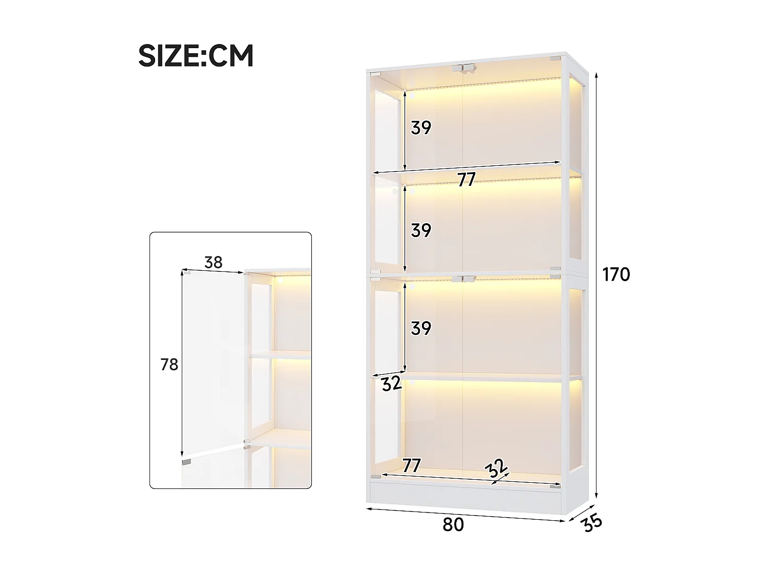 Moderne Glasvitrine – 80 x 35 x 170 cm – mit 4 Ablageflächen, LED-Beleuchtung und Türen – MDF und Glas – weiß