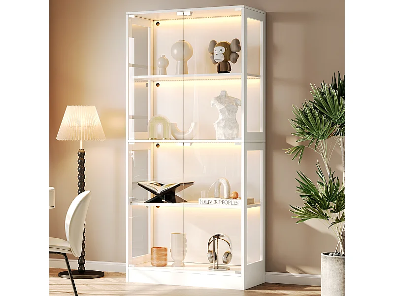 Moderne glazen vitrinekast - 80 x 35 x 170 cm - met 4 opbergplanken + LED-verlichting + deuren - MDF + glas - wit